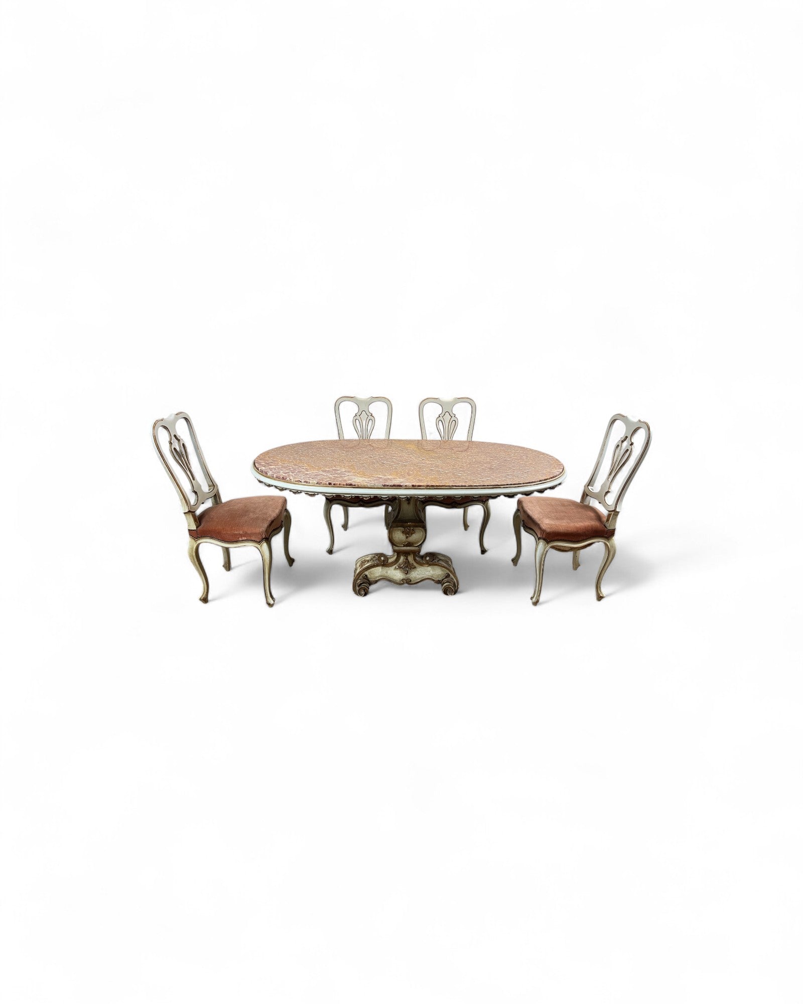 Set of 6 Venetian Lacquered Pearl & Salmon Velvet Dining Chairs