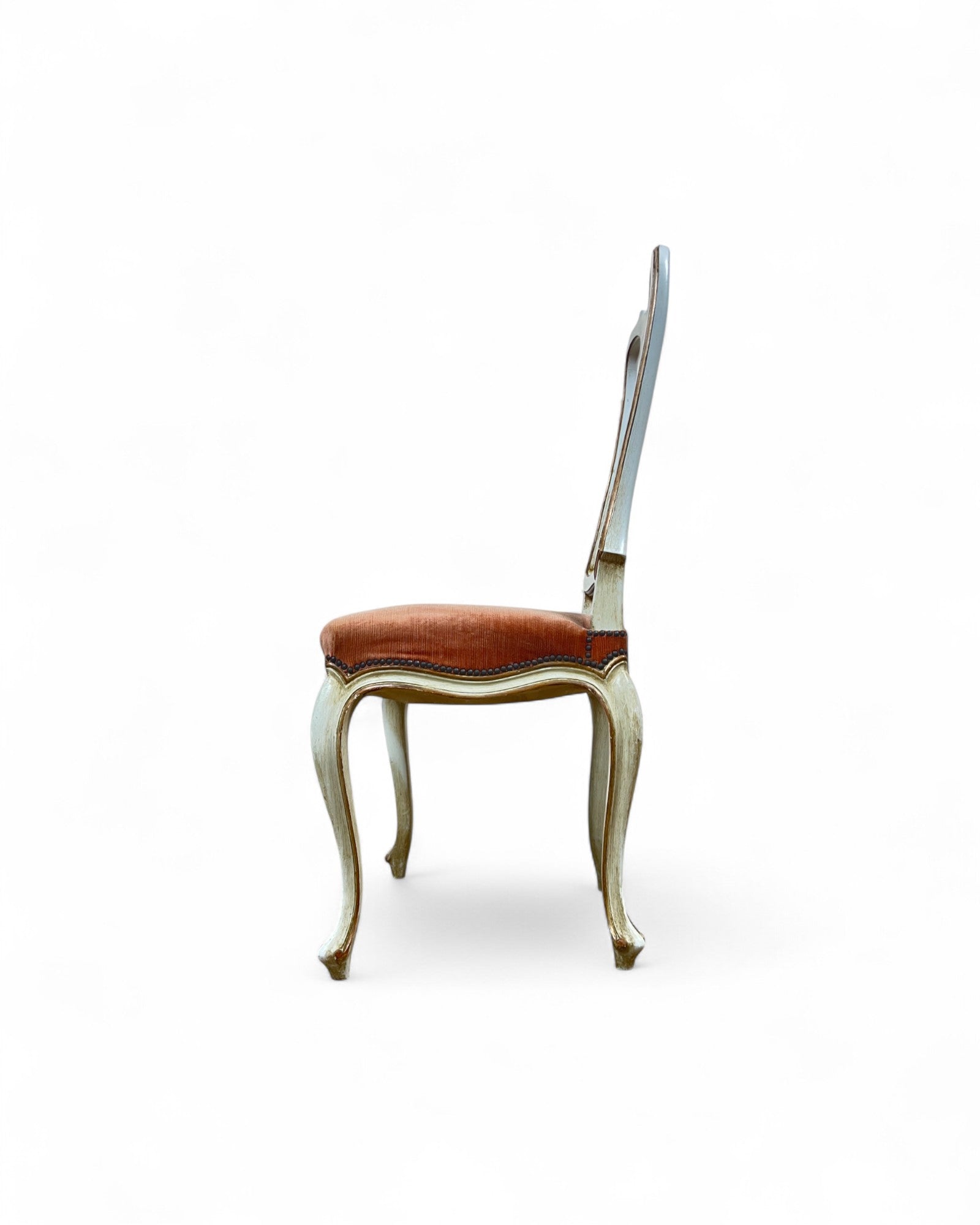Set of 6 Venetian Lacquered Pearl & Salmon Velvet Dining Chairs