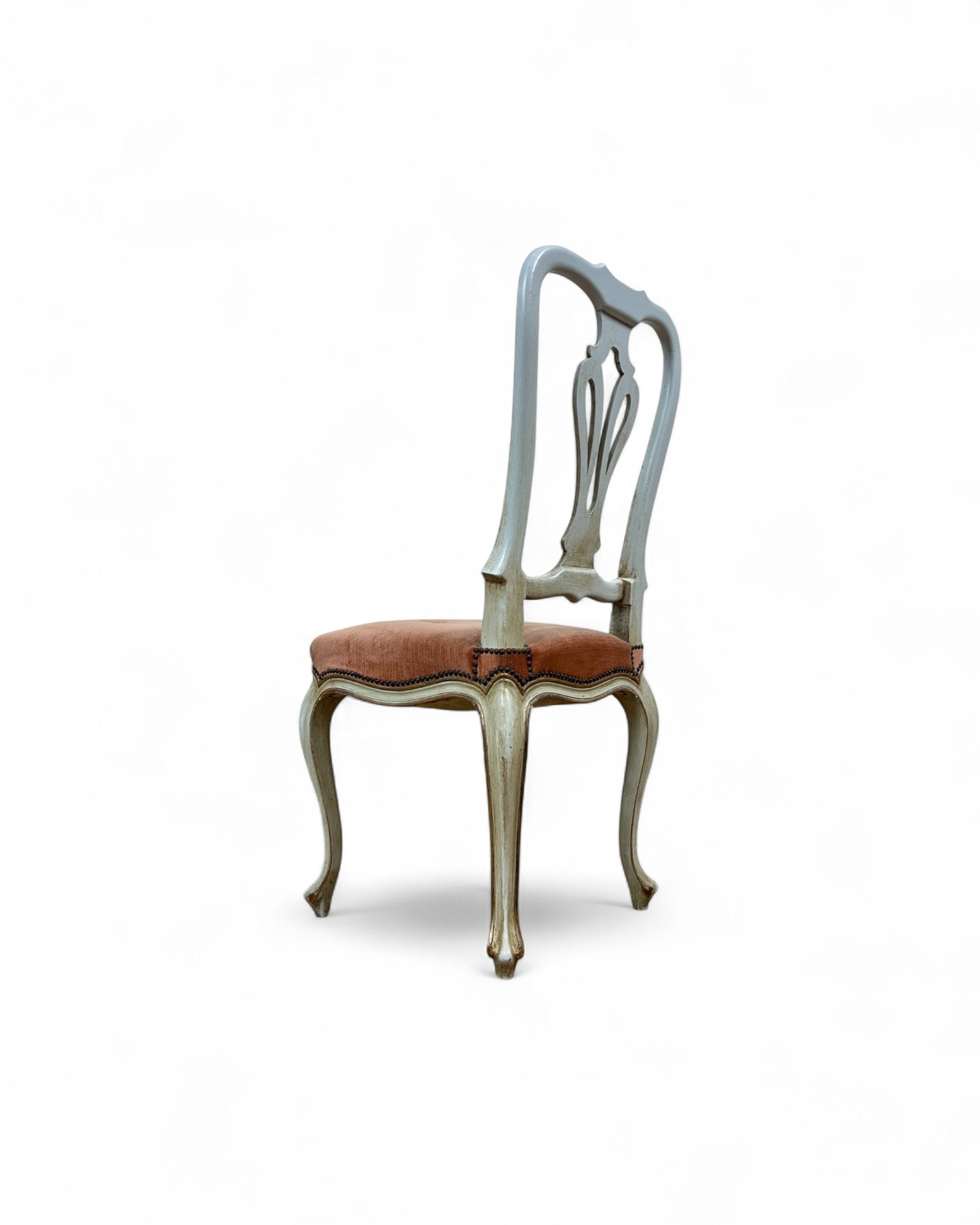 Set of 6 Venetian Lacquered Pearl & Salmon Velvet Dining Chairs
