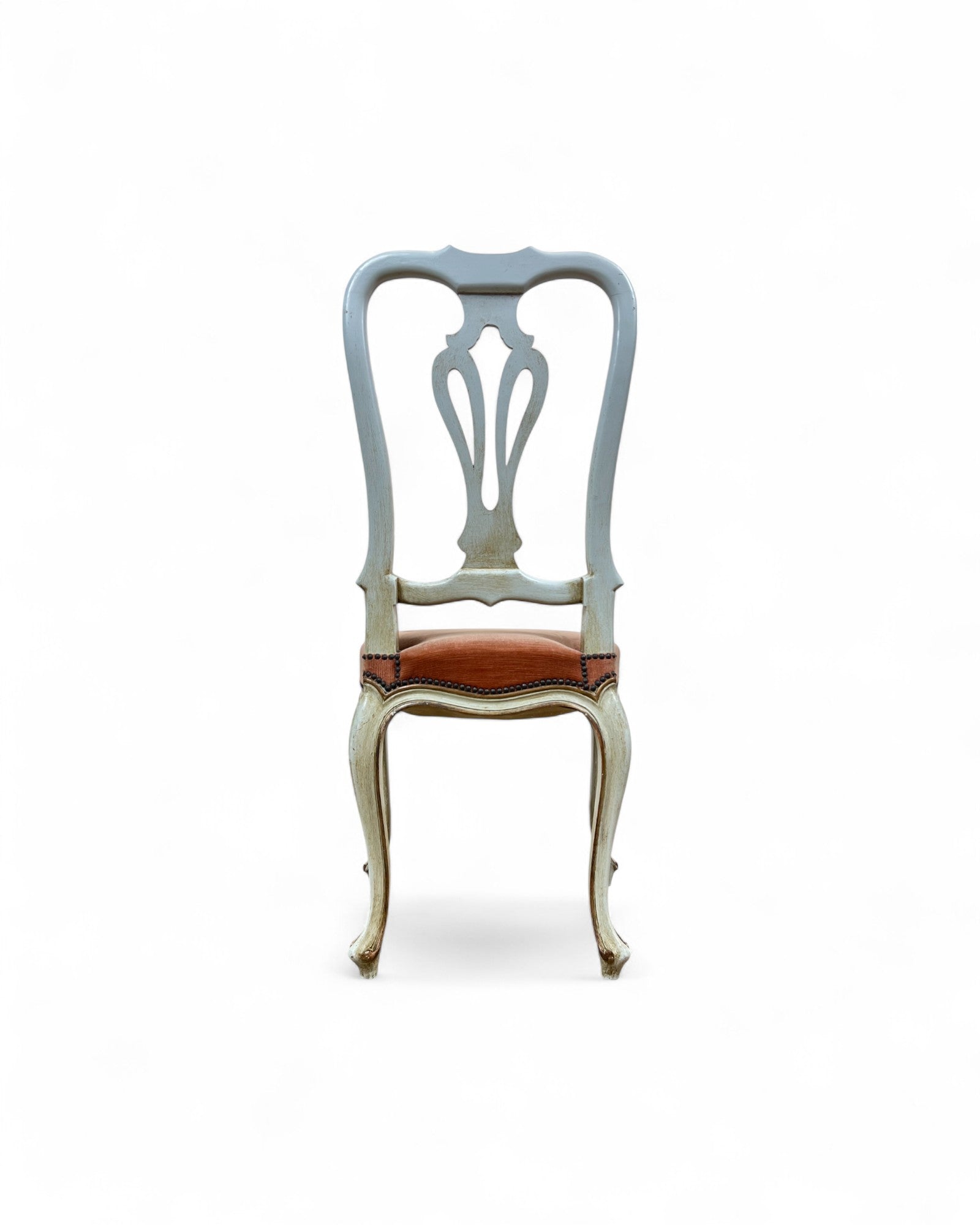 Set of 6 Venetian Lacquered Pearl & Salmon Velvet Dining Chairs