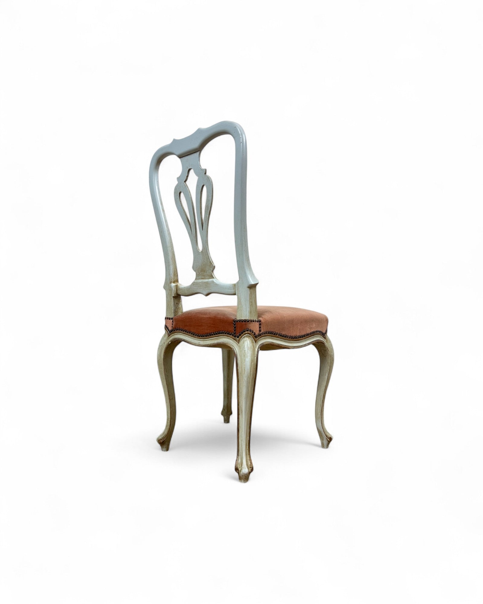 Set of 6 Venetian Lacquered Pearl & Salmon Velvet Dining Chairs