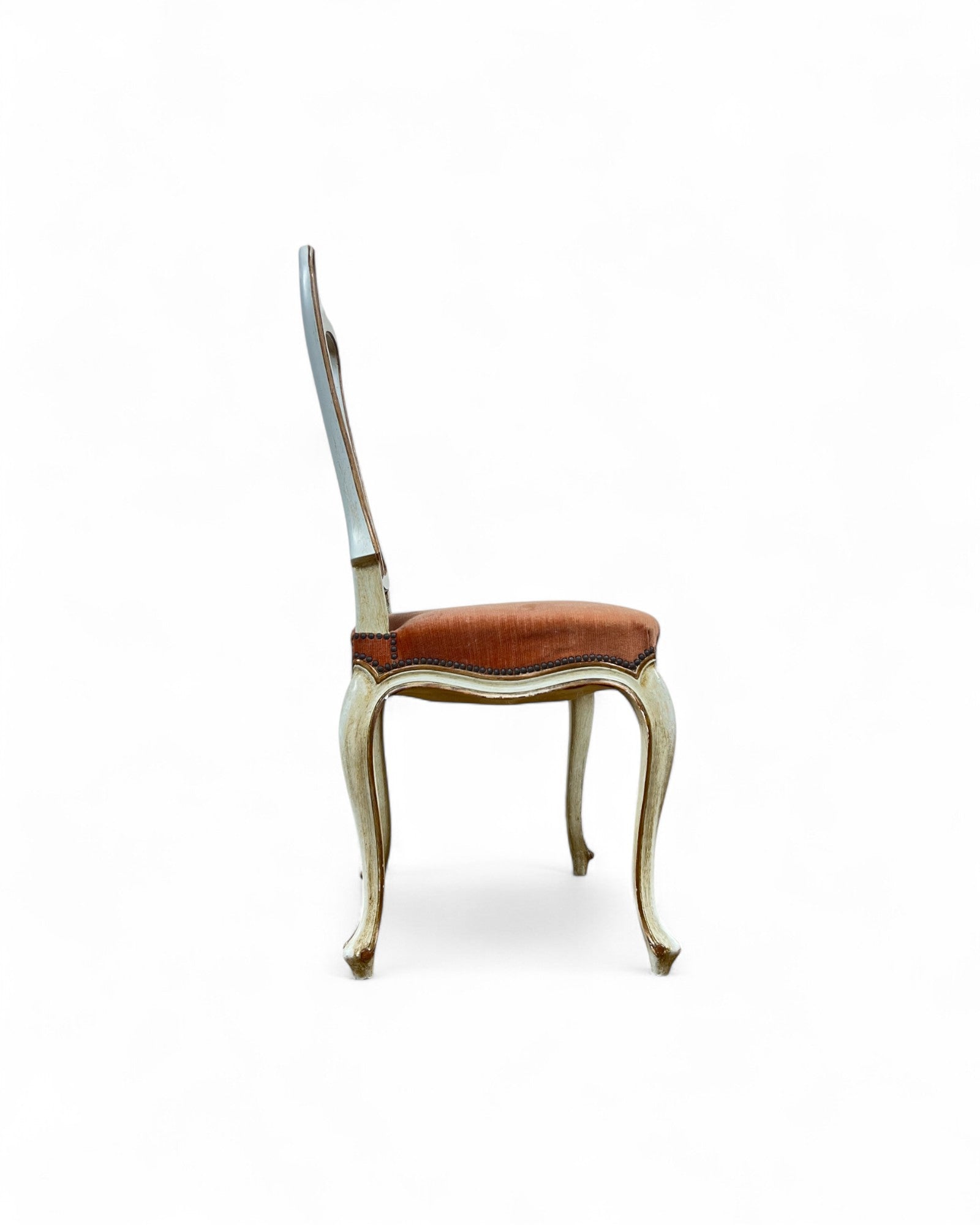 Set of 6 Venetian Lacquered Pearl & Salmon Velvet Dining Chairs