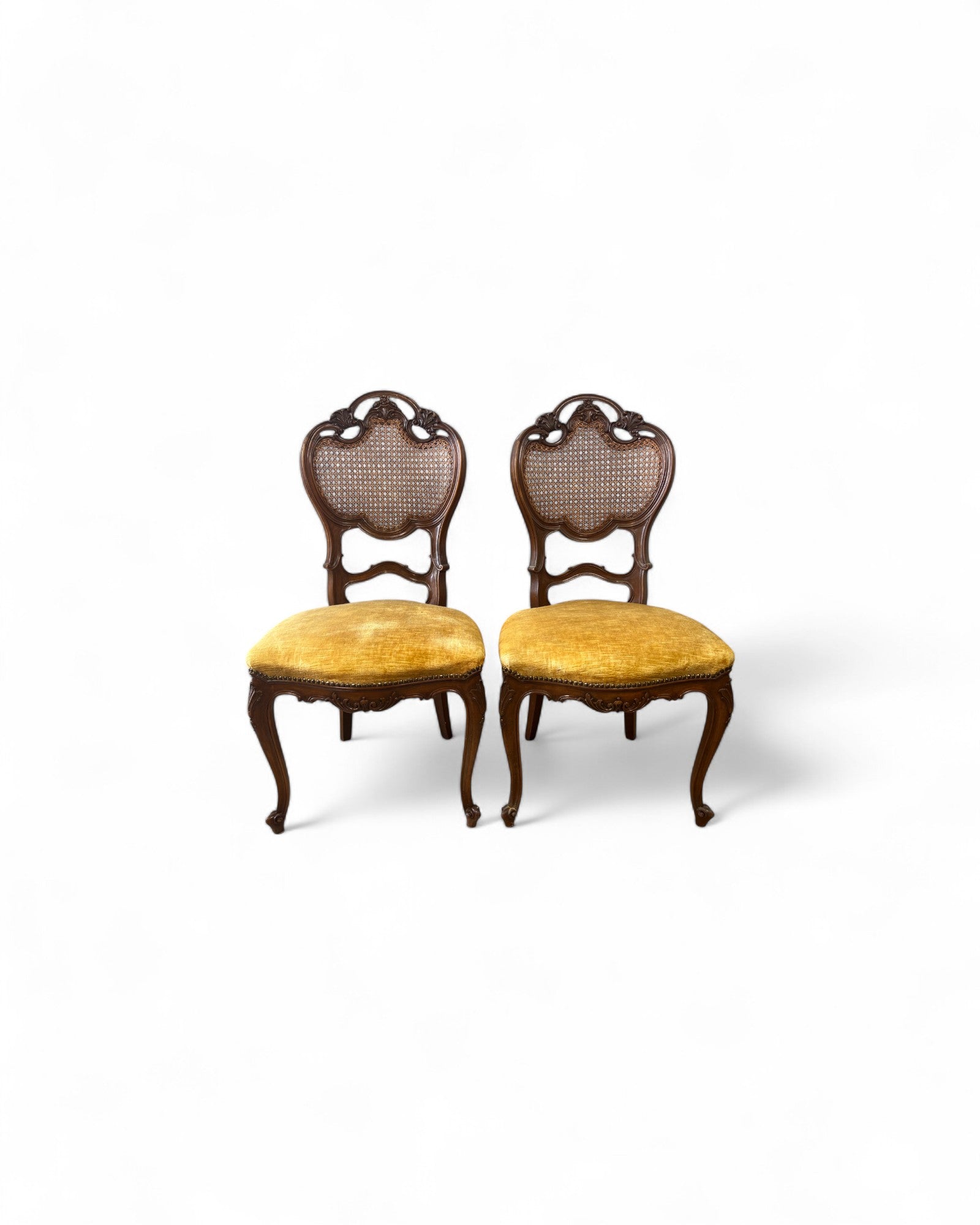 Rococo Revival Balloon-Back Chairs with Caned Backs and Velvet Seats - Set of 2
