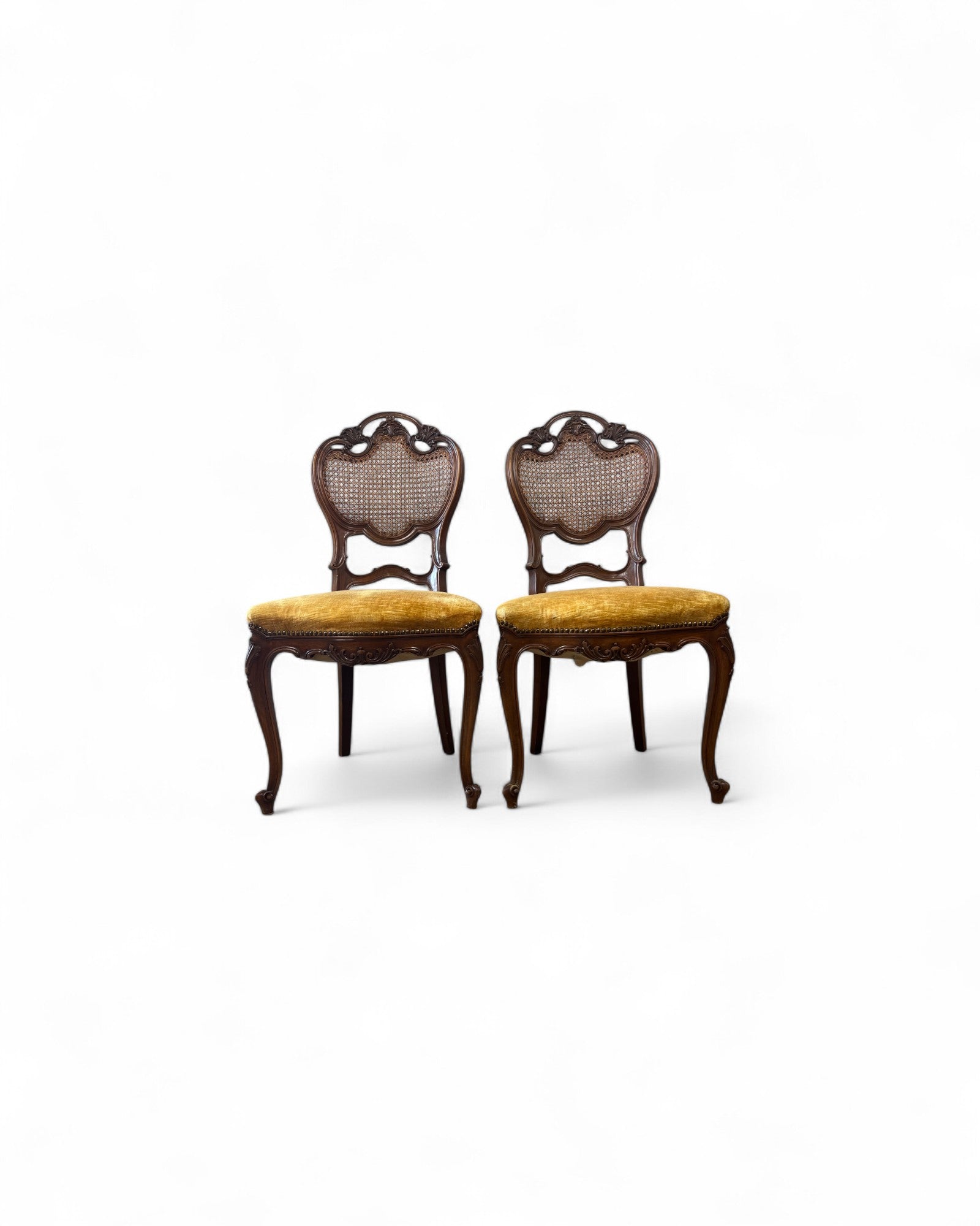 Rococo Revival Balloon-Back Chairs with Caned Backs and Velvet Seats - Set of 2