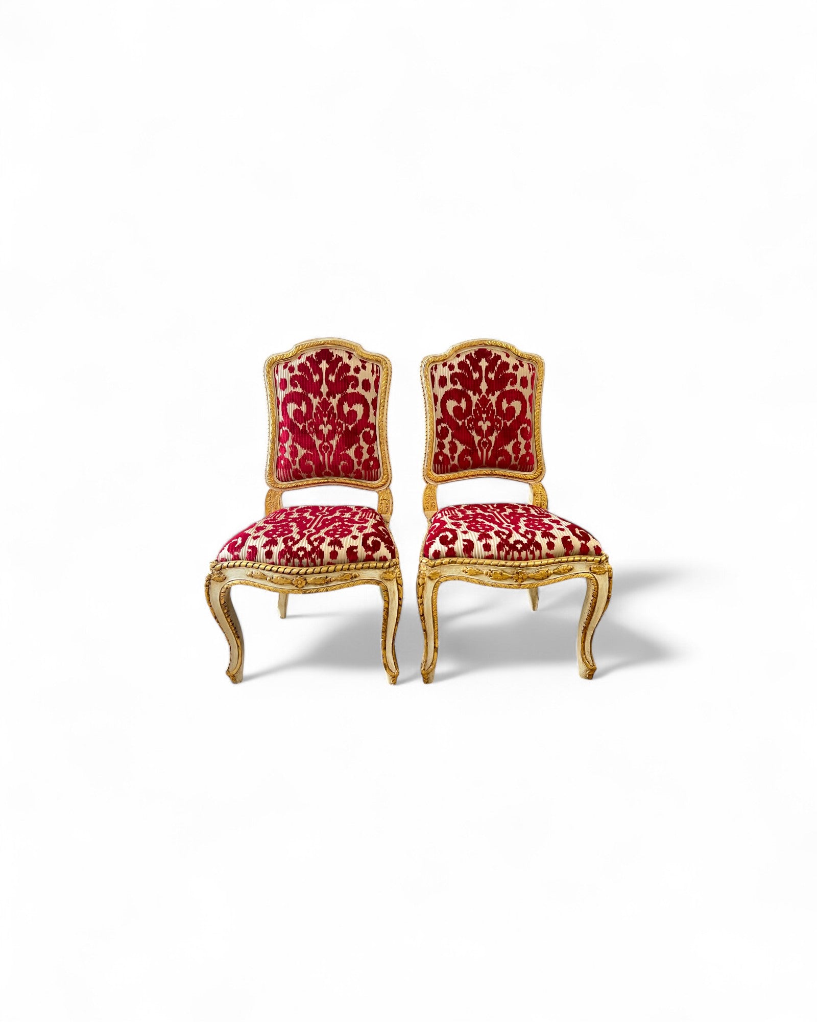 Louis XV Giltwood Gold Red Velvet Side Chairs - Set of 2