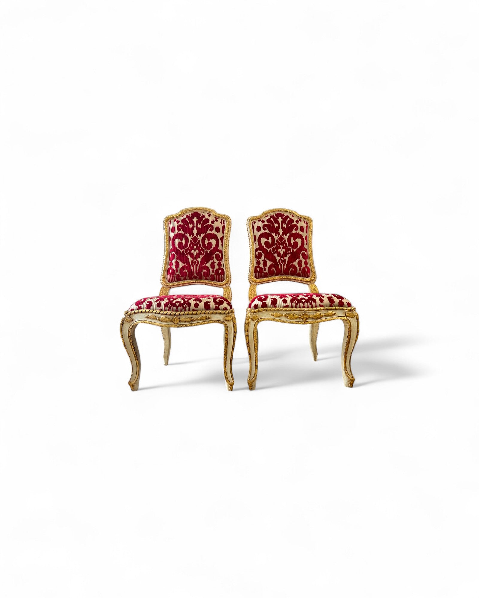 Louis XV Giltwood Gold Red Velvet Side Chairs - Set of 2
