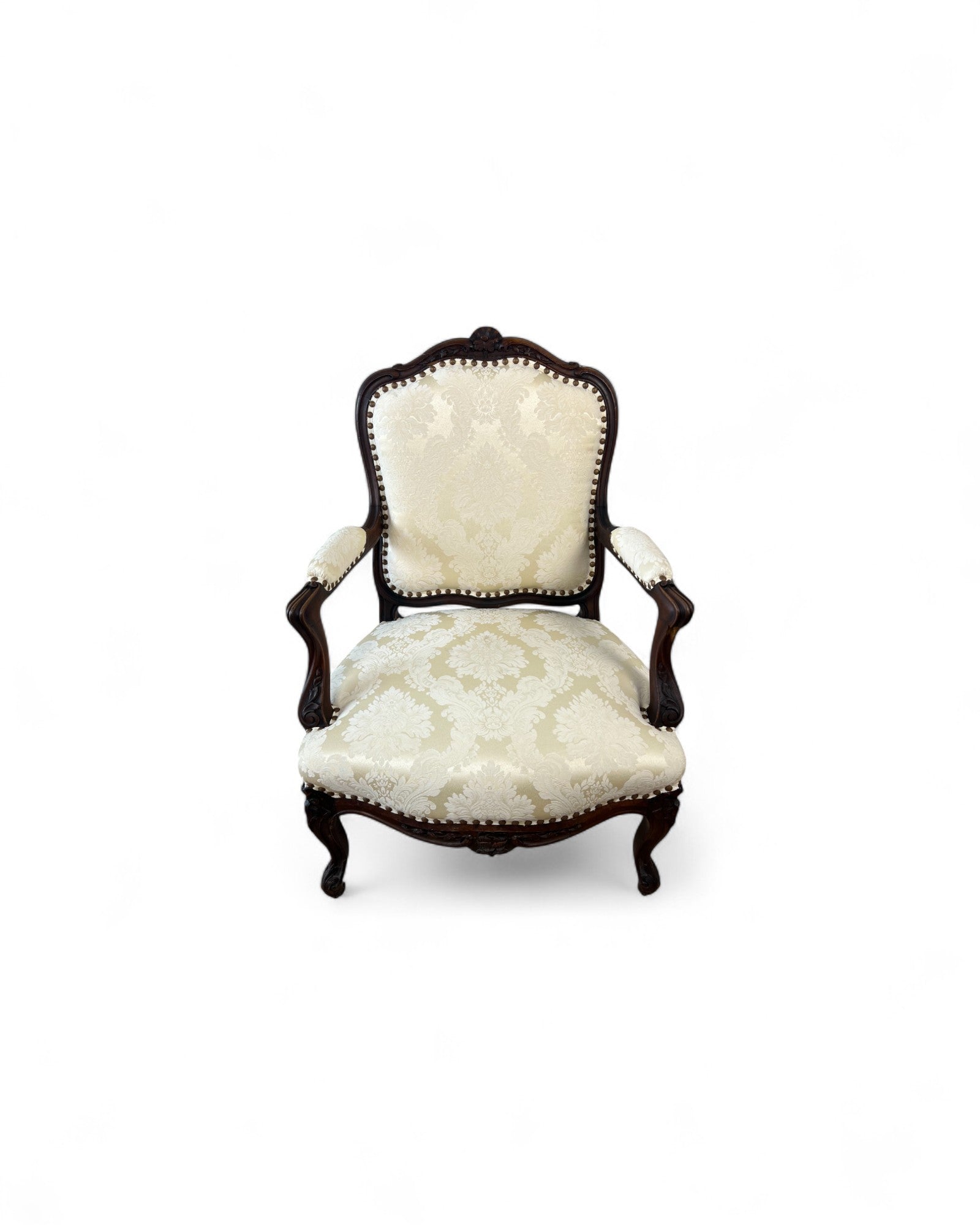 Cream Damask Upholstered Walnut French Louis XV Armchairs
