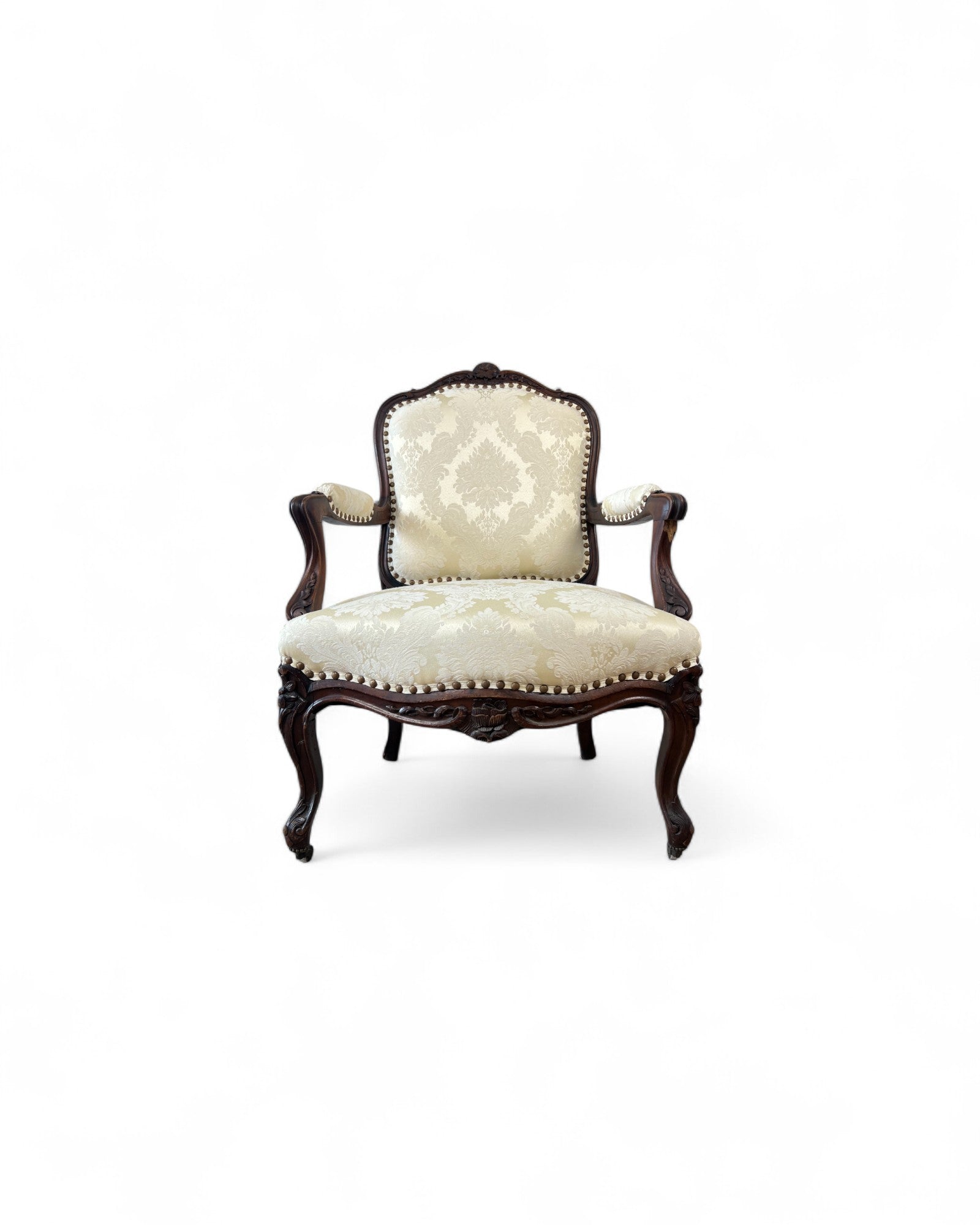 Cream Damask Upholstered Walnut French Louis XV Armchairs