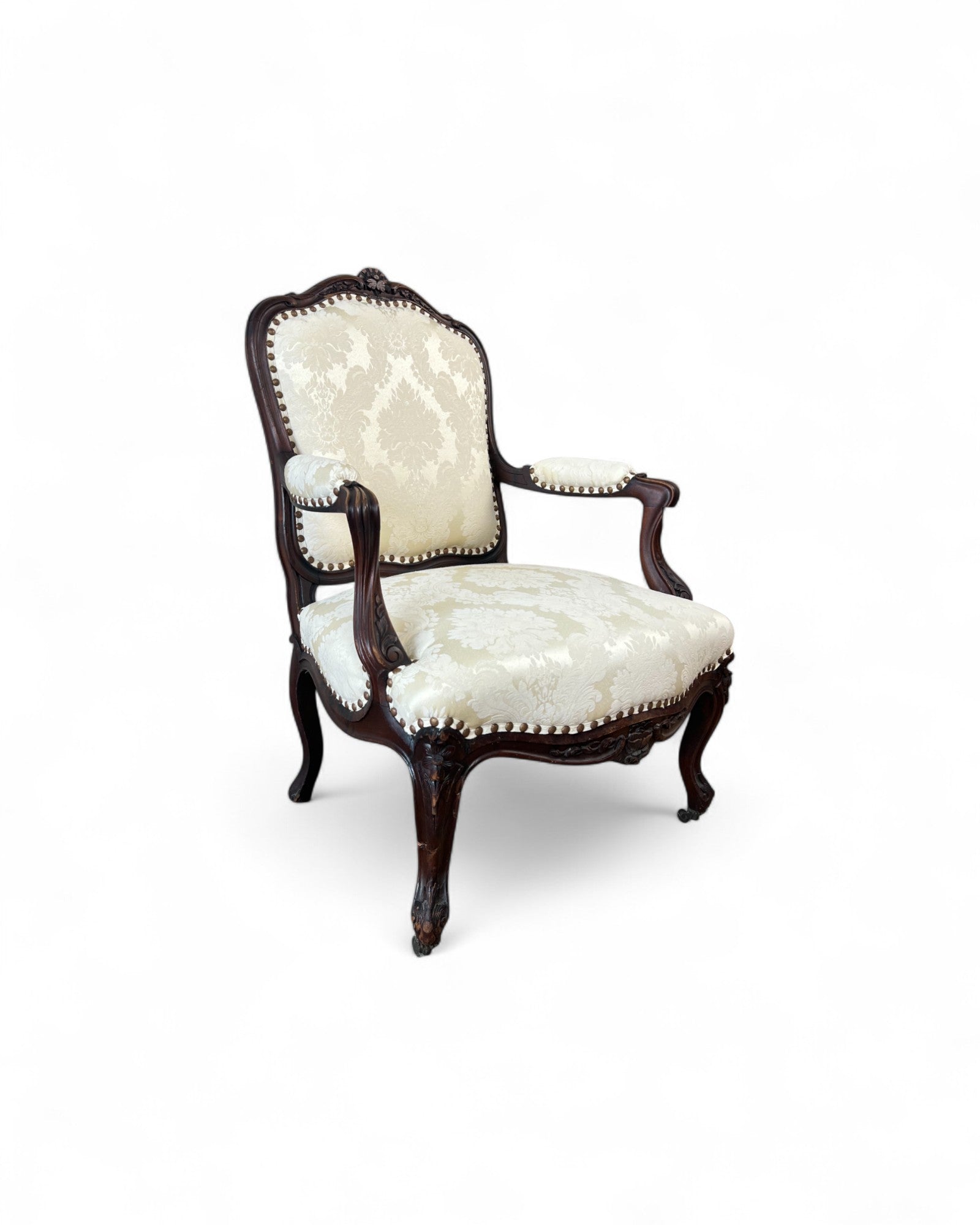 Cream Damask Upholstered Walnut French Louis XV Armchairs