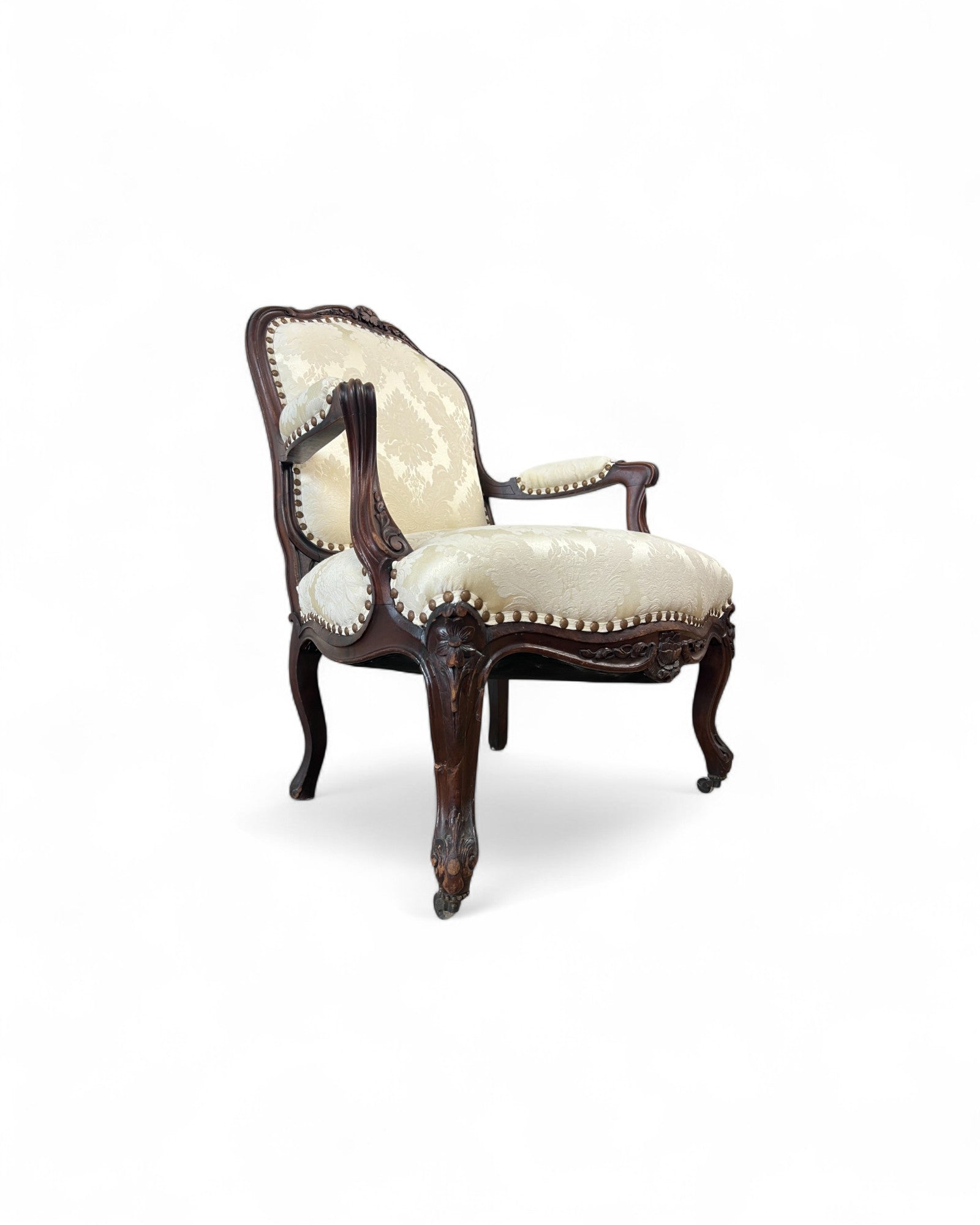 Cream Damask Upholstered Walnut French Louis XV Armchairs