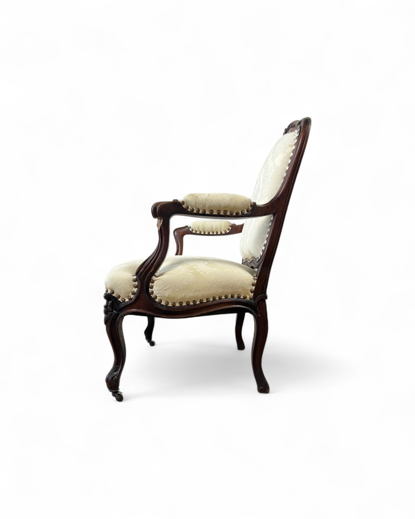 Cream Damask Upholstered Walnut French Louis XV Armchairs