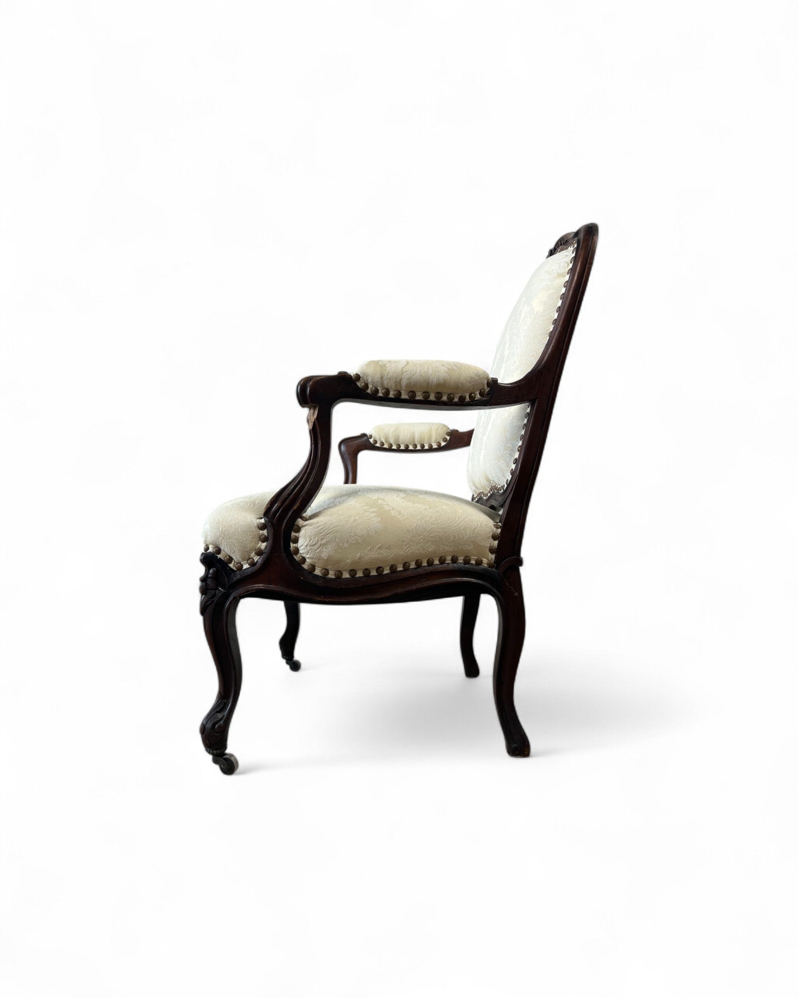 Cream Damask Upholstered Walnut French Louis XV Armchairs