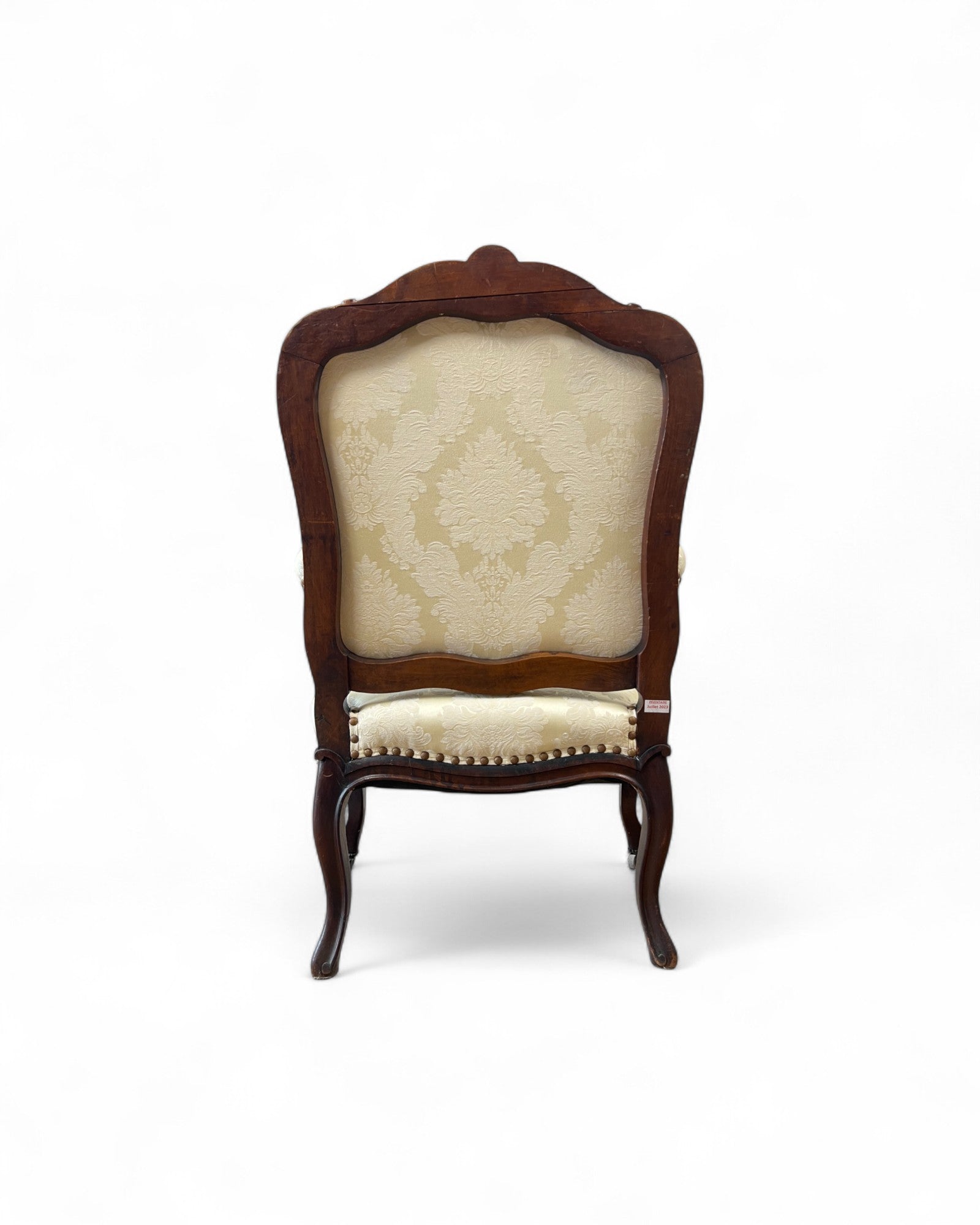 Cream Damask Upholstered Walnut French Louis XV Armchairs