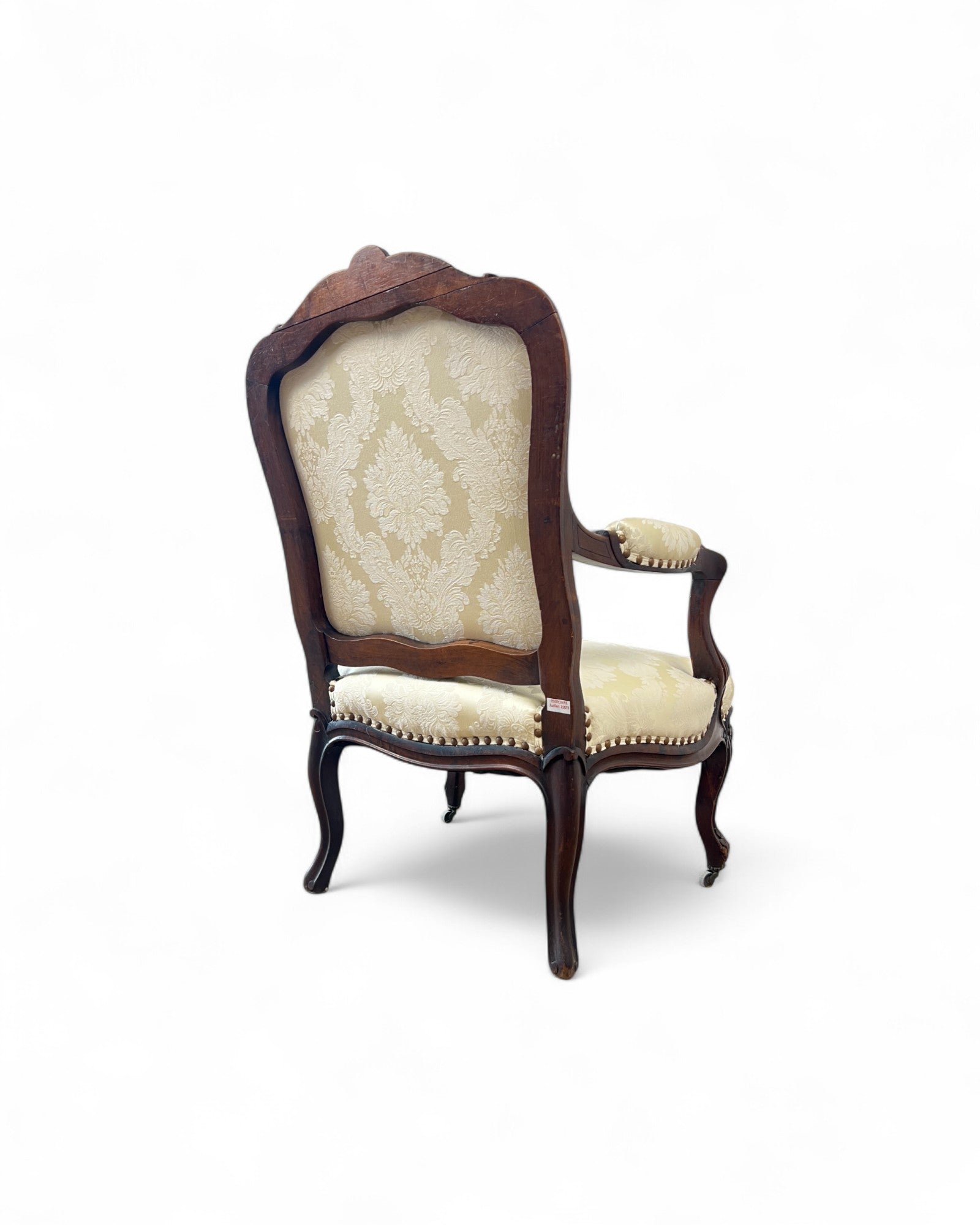 Cream Damask Upholstered Walnut French Louis XV Armchairs