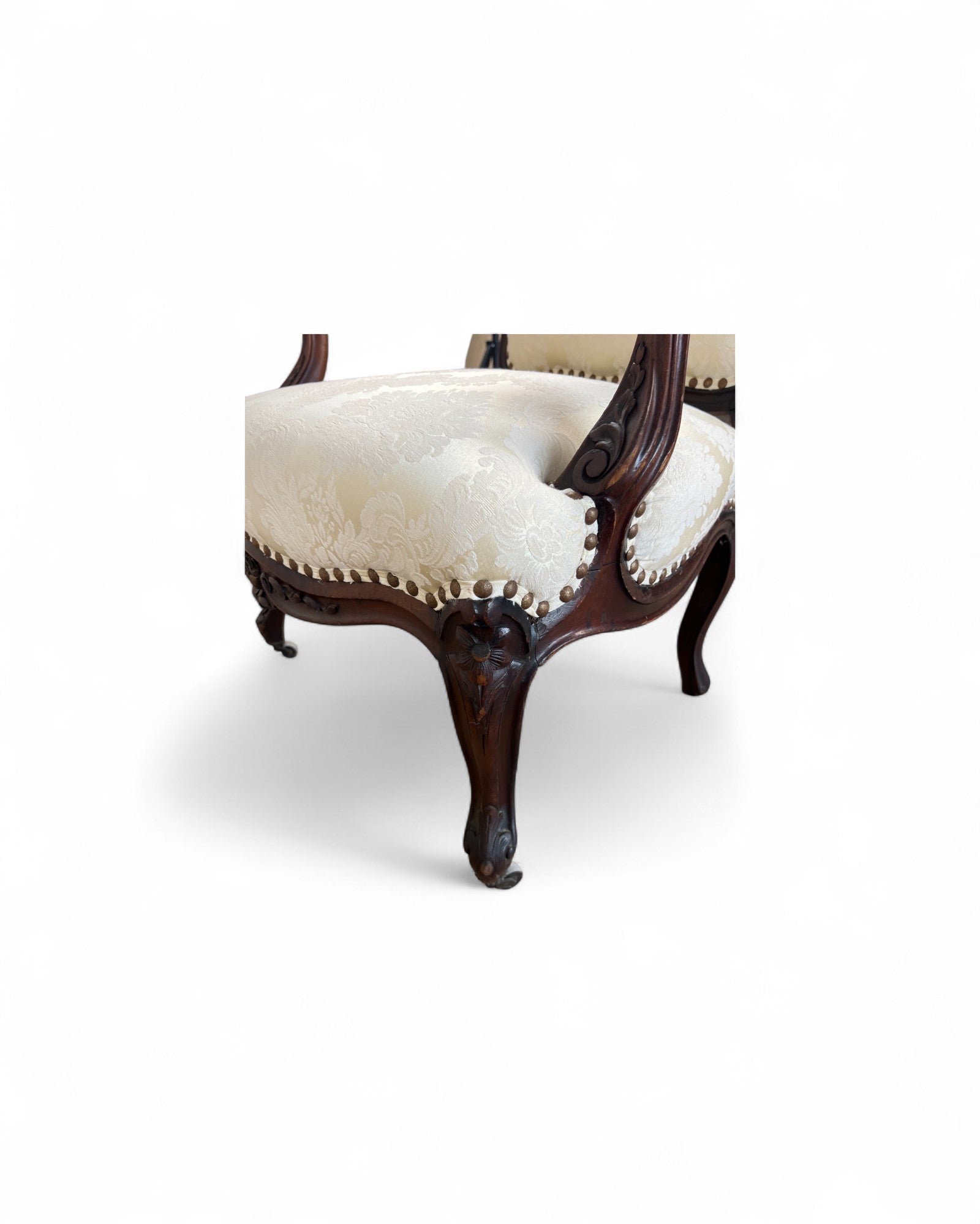 Cream Damask Upholstered Walnut French Louis XV Armchairs