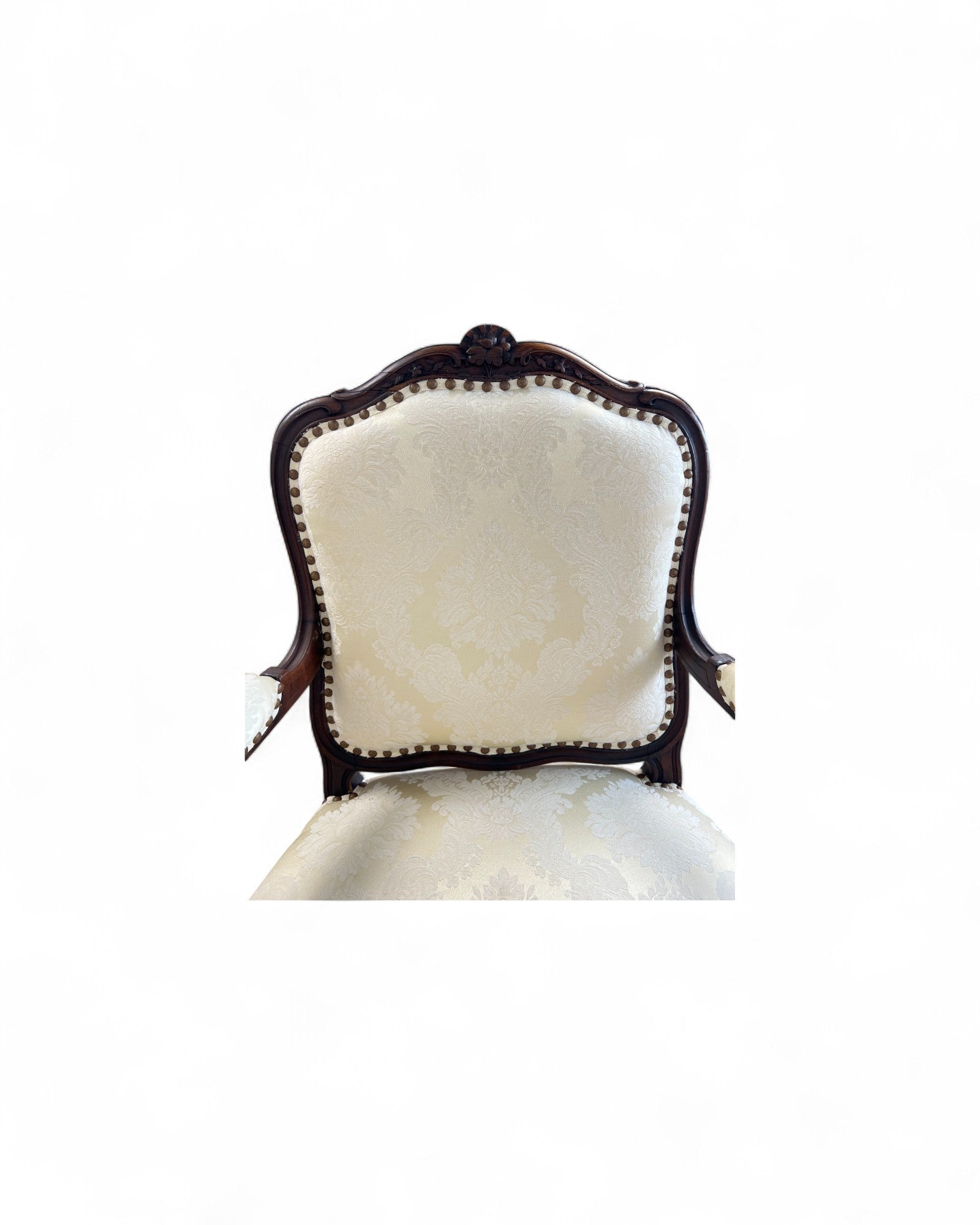 Cream Damask Upholstered Walnut French Louis XV Armchairs