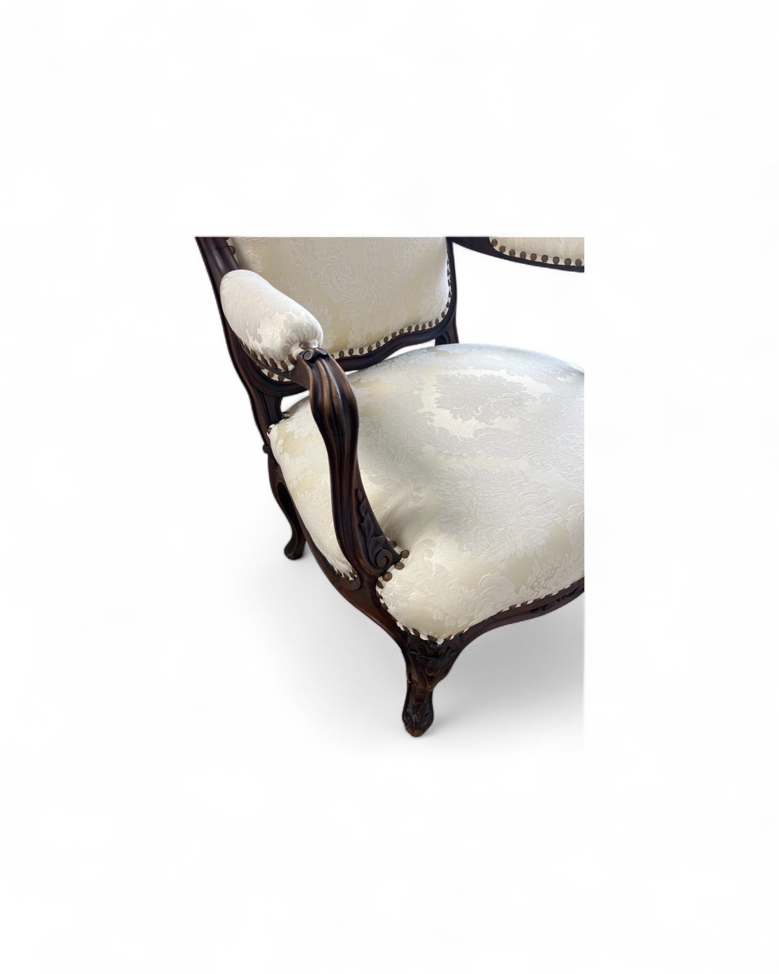 Cream Damask Upholstered Walnut French Louis XV Armchairs