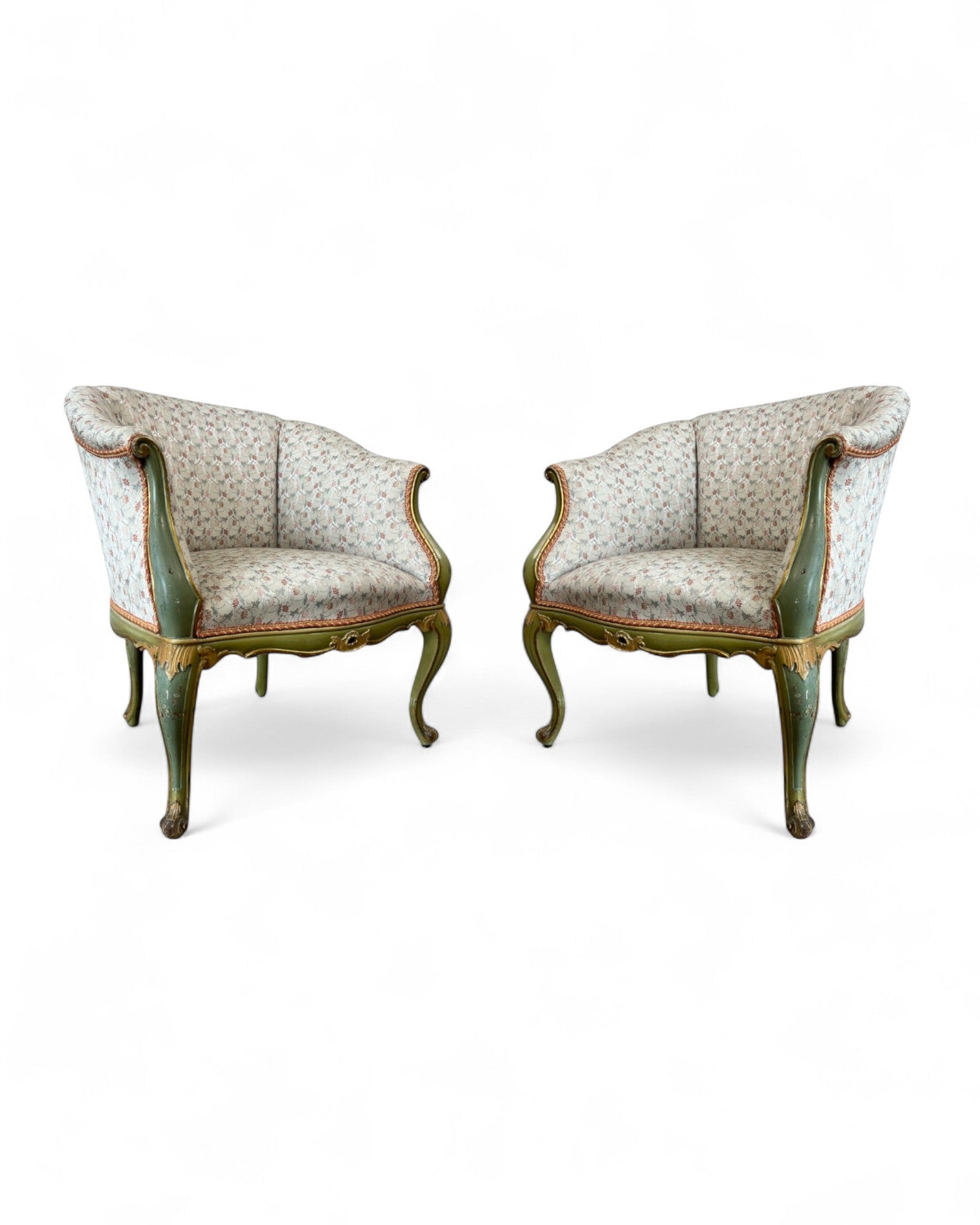Pair of Louis XVI Green & Floral Tub Chairs