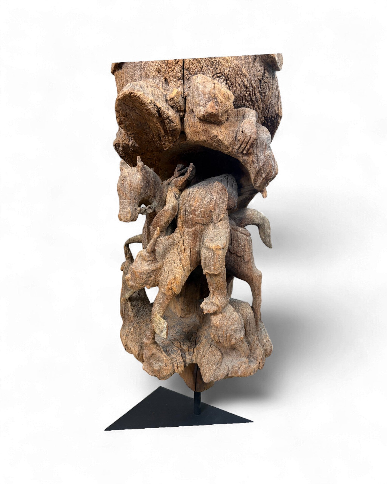Antique Northern Thai Teak Roof Finial Fragment on Stand Hunting Scene - Surround Living - 4