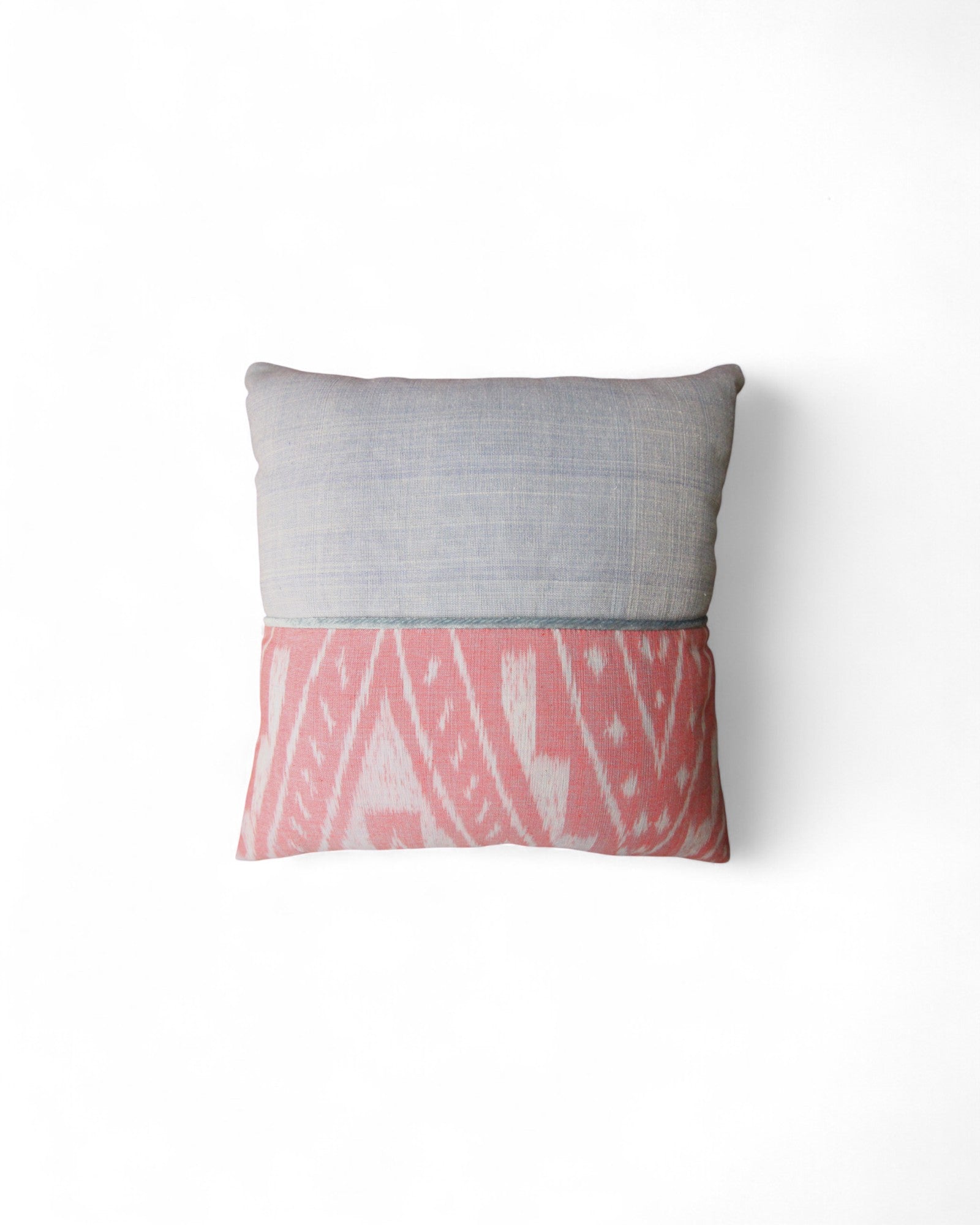 Square Cushion Top Ikat, Velvet Piping - Coral Pink & Light Blue