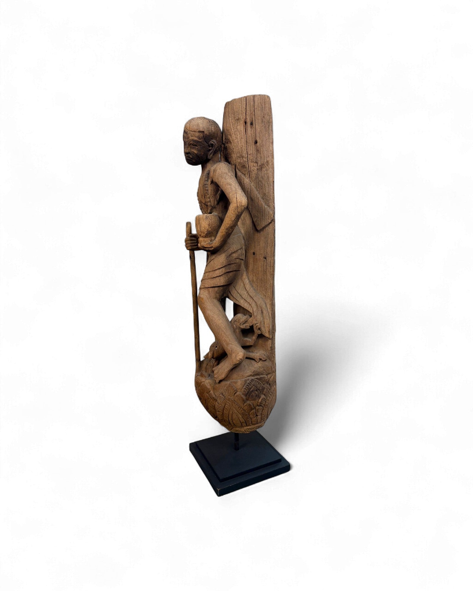 Antique Burmese Teak Temple Carving of a Tribal Figure Holding a Staff & Vessel - Surround Living - 2