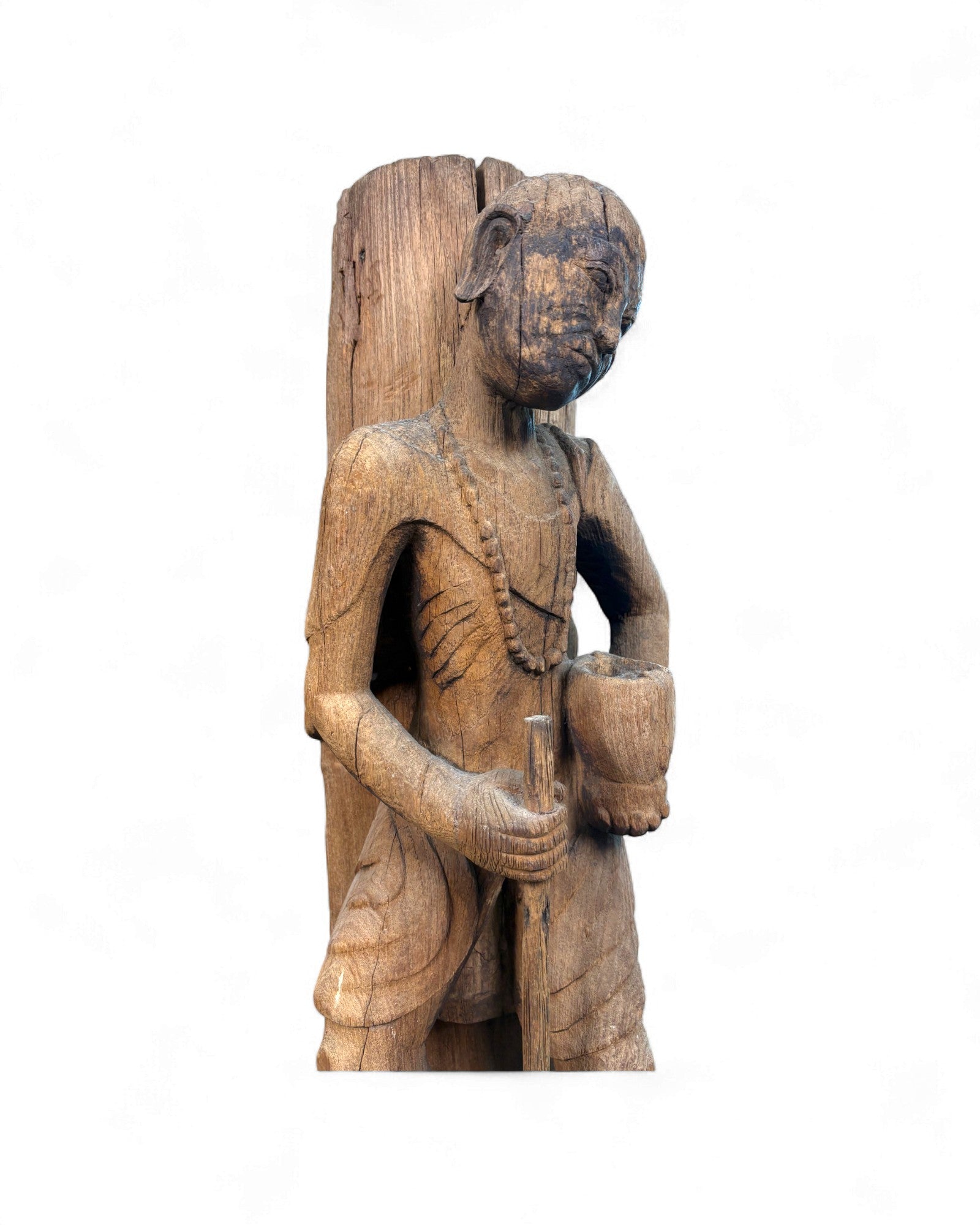 Antique Burmese Teak Temple Carving of a Tribal Figure Holding a Staff & Vessel - Surround Living - 4