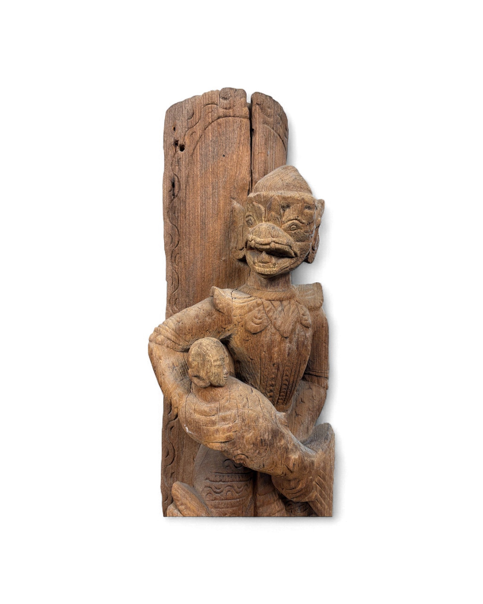 Antique Thai Temple Carving of a Mythical Guardian Figure Figure Holding Fish - Surround Living - 2