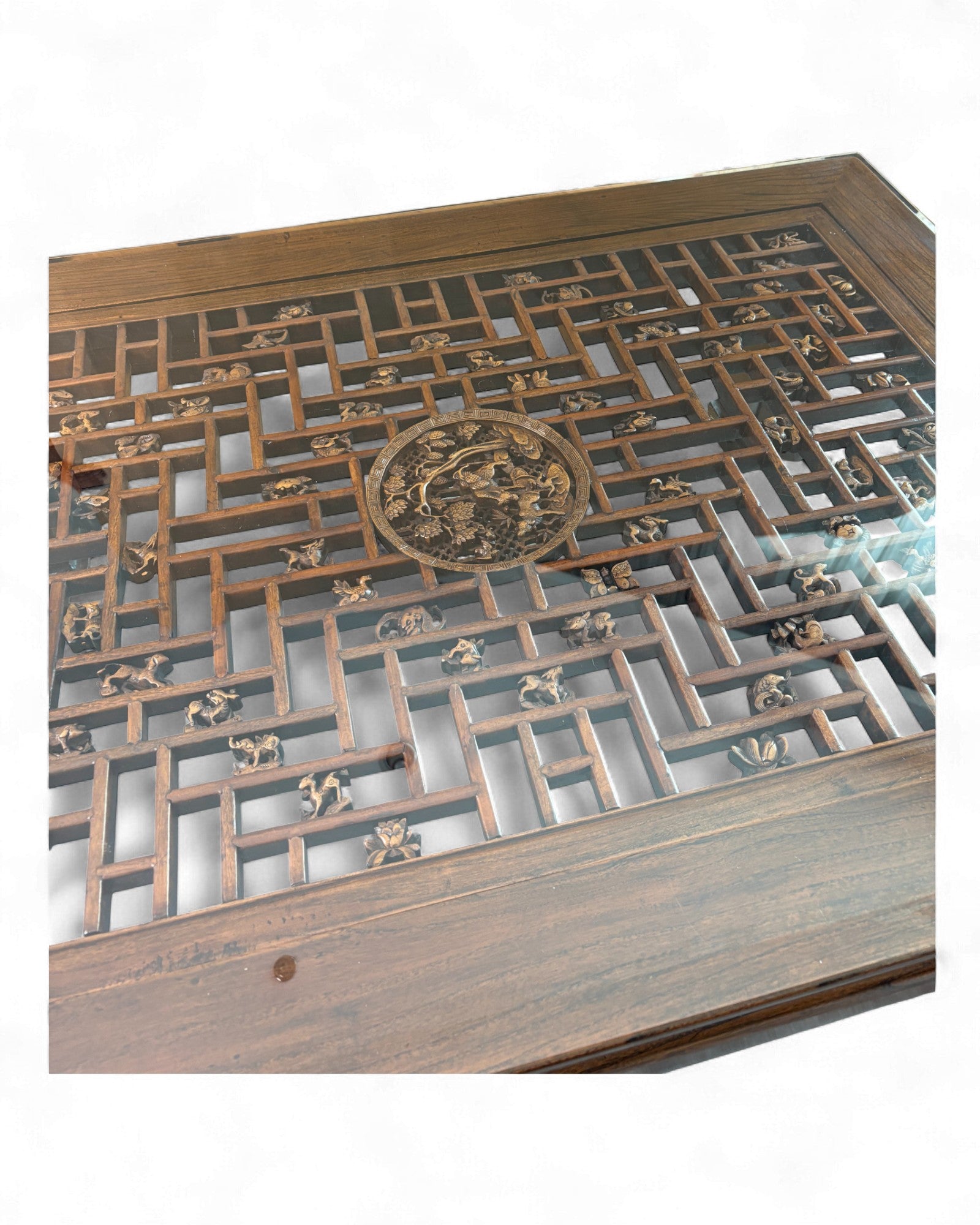 Chinese Low Elm Table with Lattice Glass Top - Surround Living - 4