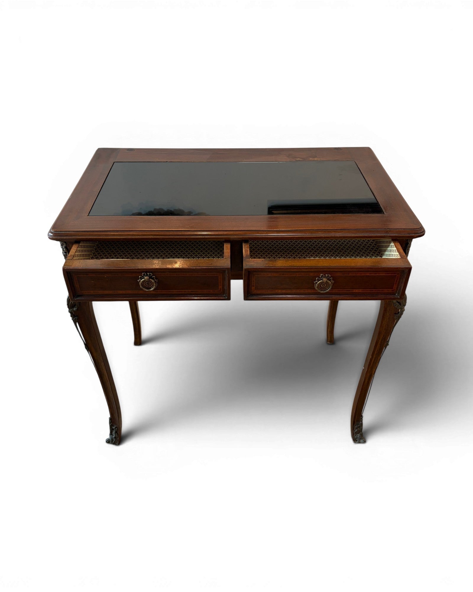 1920s Mini Glass Top Mahogany Desk with 2 Drawers
