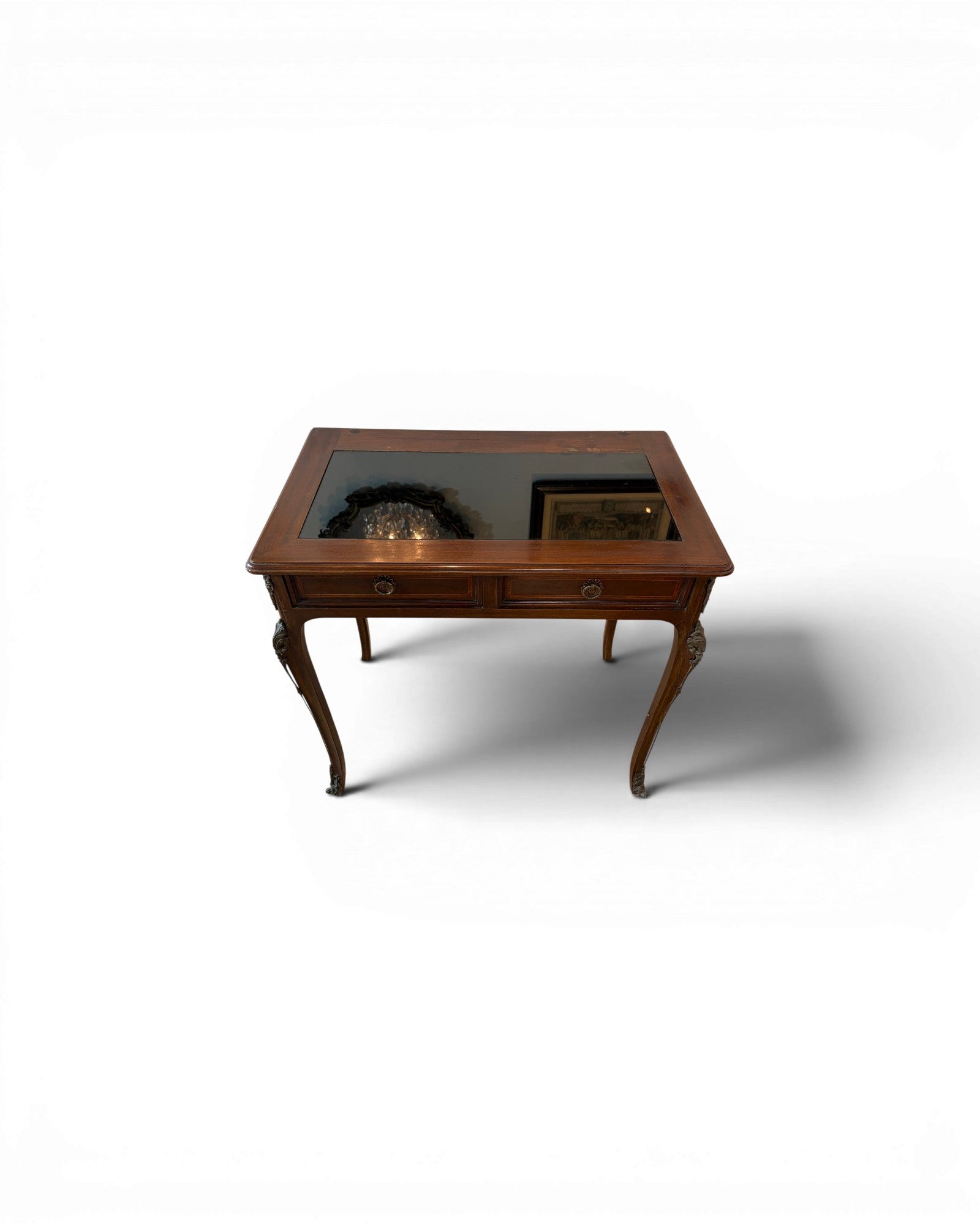 1920s Mini Glass Top Mahogany Desk with 2 Drawers