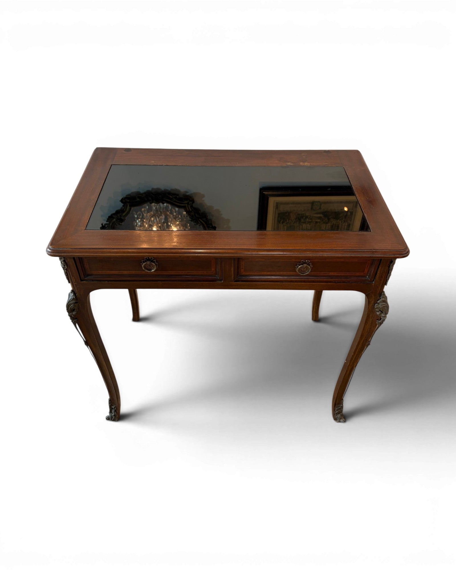 1920s Mini Glass Top Mahogany Desk with 2 Drawers - Surround Living - 3