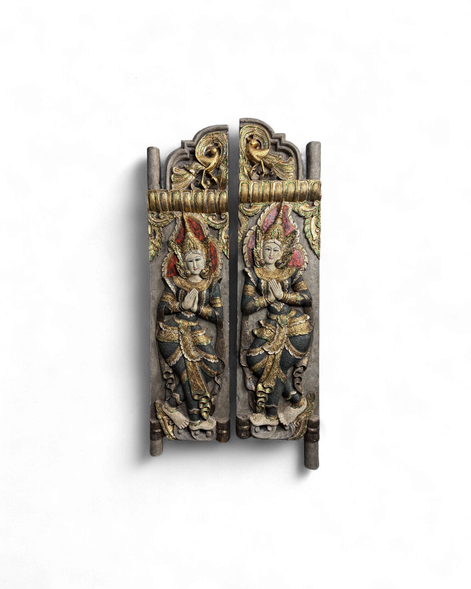 Pair of Indonesian Carved Teak Temple Panels with Guardian Figures - Surround Living - 24