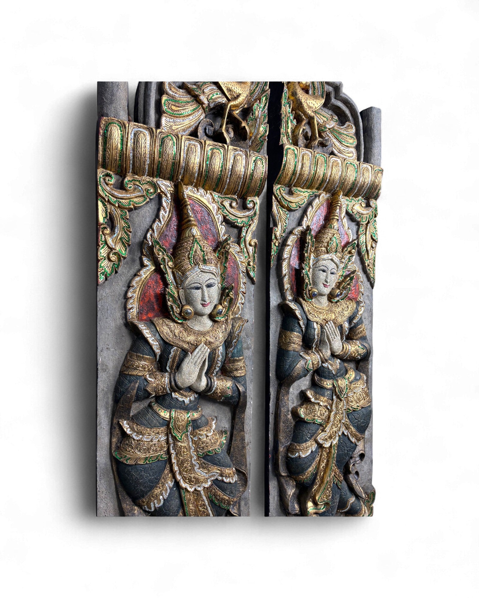 Pair of Indonesian Carved Teak Temple Panels with Guardian Figures - Surround Living - 15