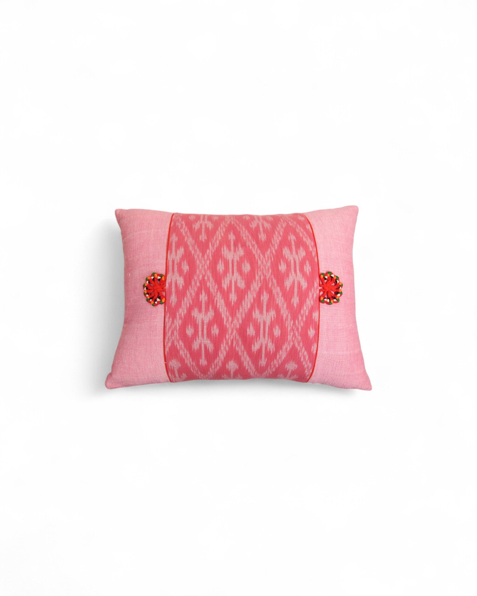 Lumbar Cushion with Indigo Wax Print Centre Feat. Embroidered "Flowers" - Pink on Pink