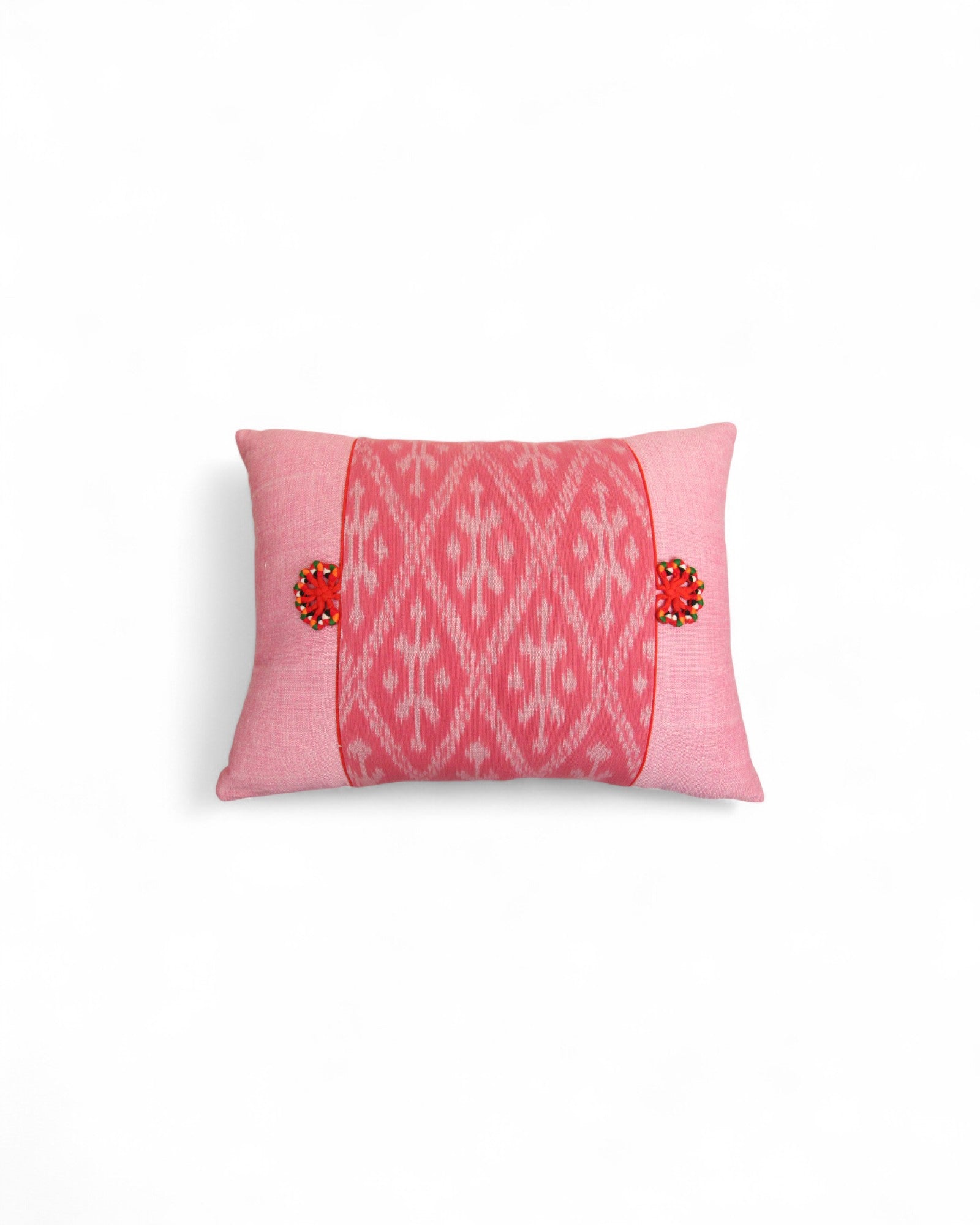 Lumbar Cushion with Indigo Wax Print Centre Feat. Embroidered "Flowers" - Pink on Pink