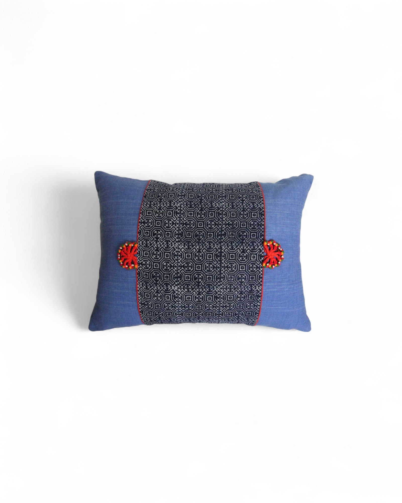 Lumbar Cushion Feat. Indigo Wax Print, Red embroidered "Flowers" - Denim Blue
