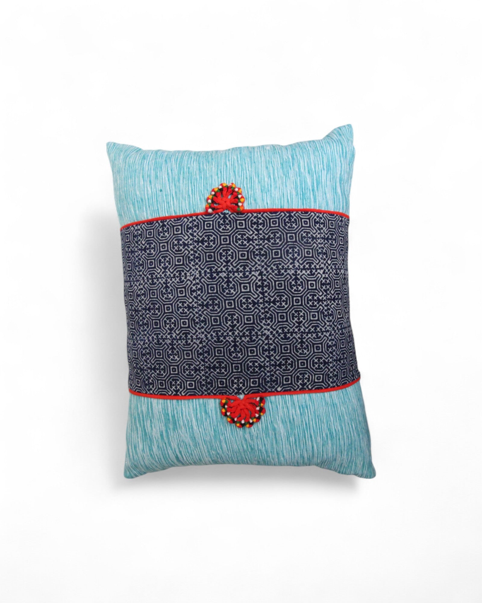 Lumbar Cushion Feat. Indigo Wax Print, Red Embroidered "Flowers" - Seafoam Blue