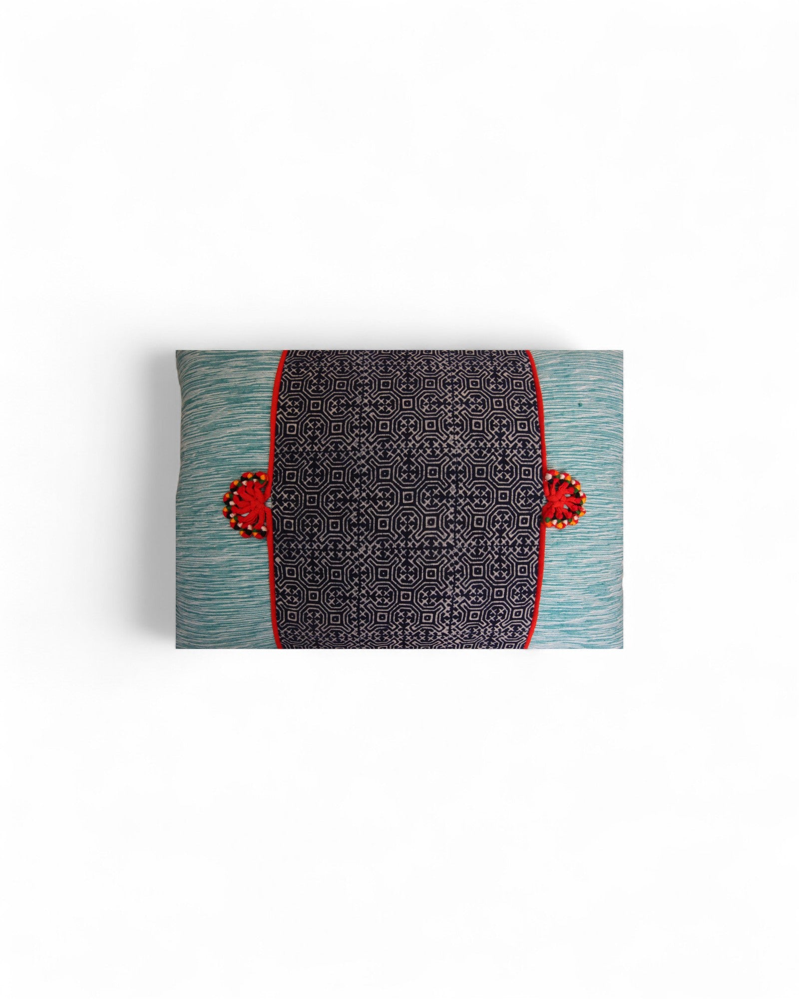 Lumbar Cushion Feat. Indigo Wax Print, Red Embroidered "Flowers" - Seafoam Blue