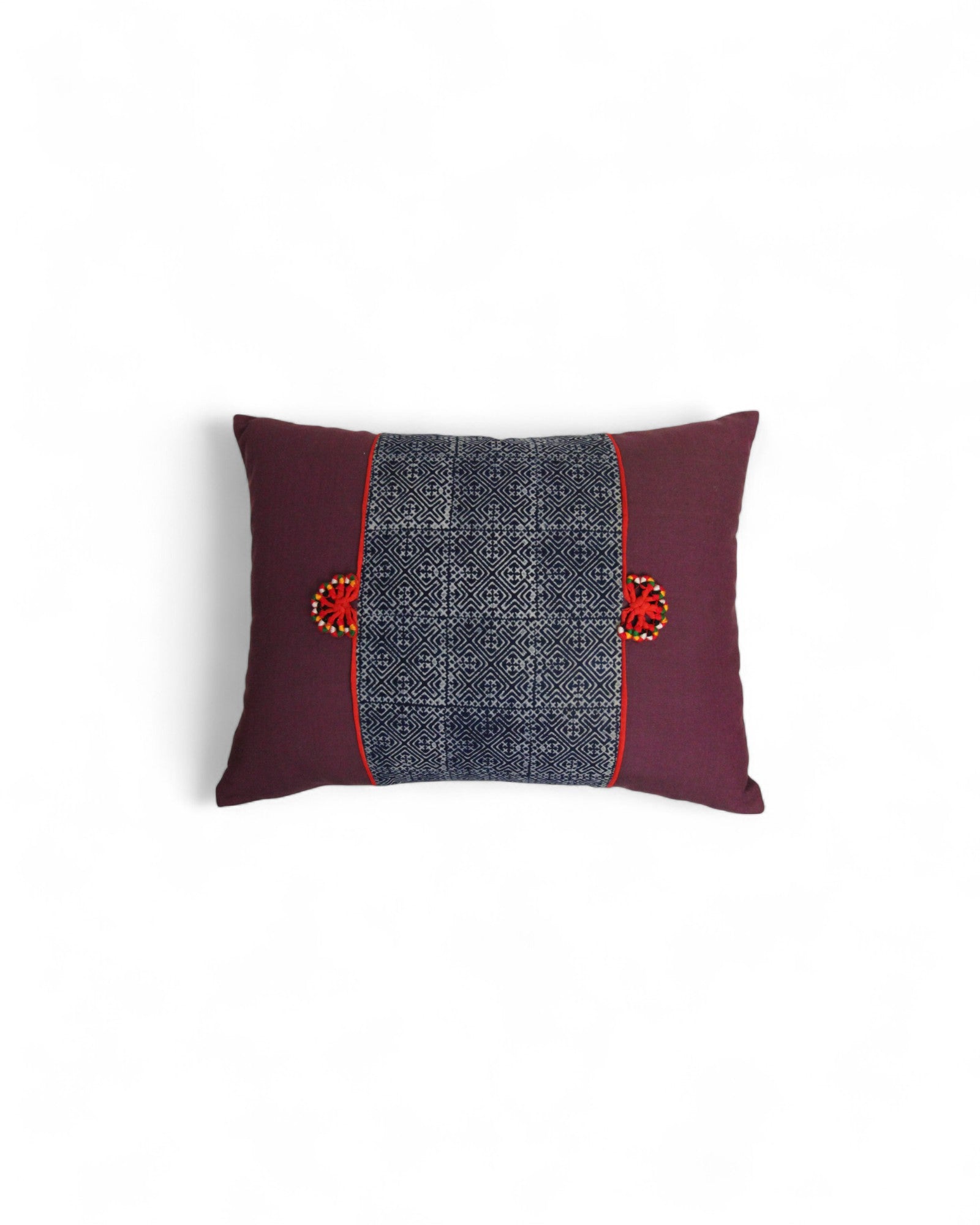 Lumbar Cushion Feat. Indigo Wax Print Lumbar Cushion Embroidered "Flowers" - Magenta