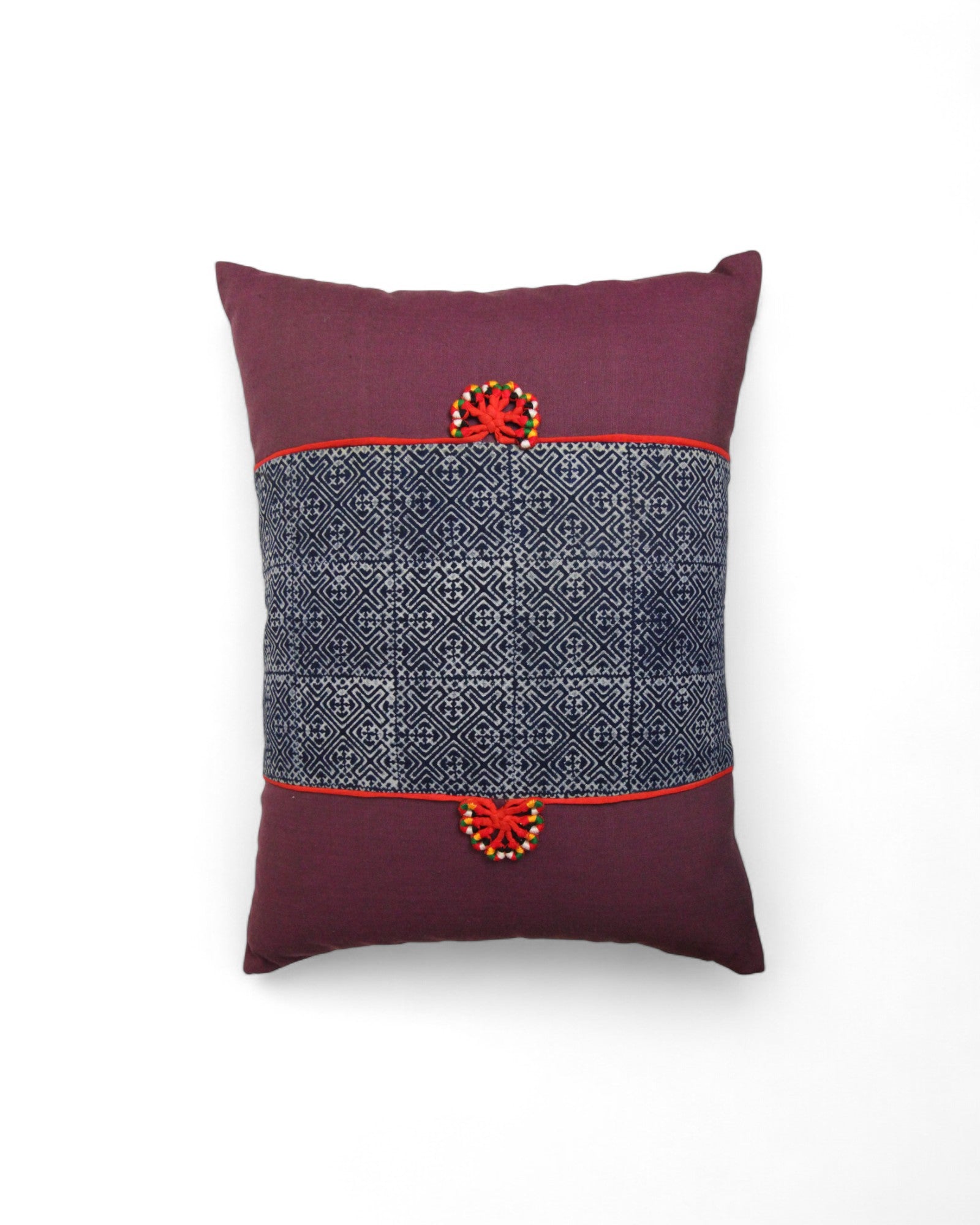 Lumbar Cushion Feat. Indigo Wax Print Lumbar Cushion Embroidered "Flowers" - Magenta