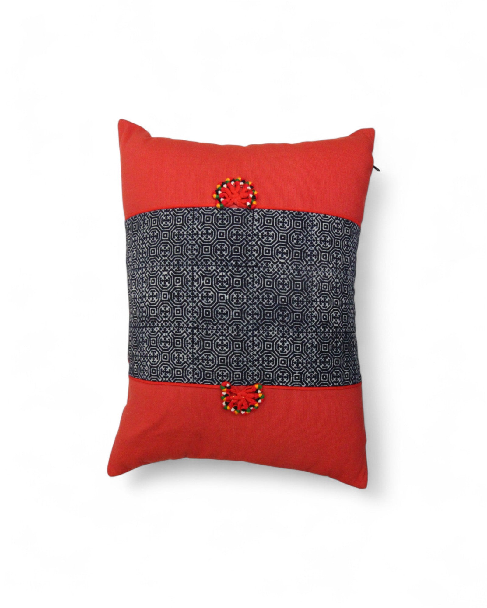 Lumbar Cushion Feat. Indigo Wax Print, Red Embroidered "Flowers" - Red