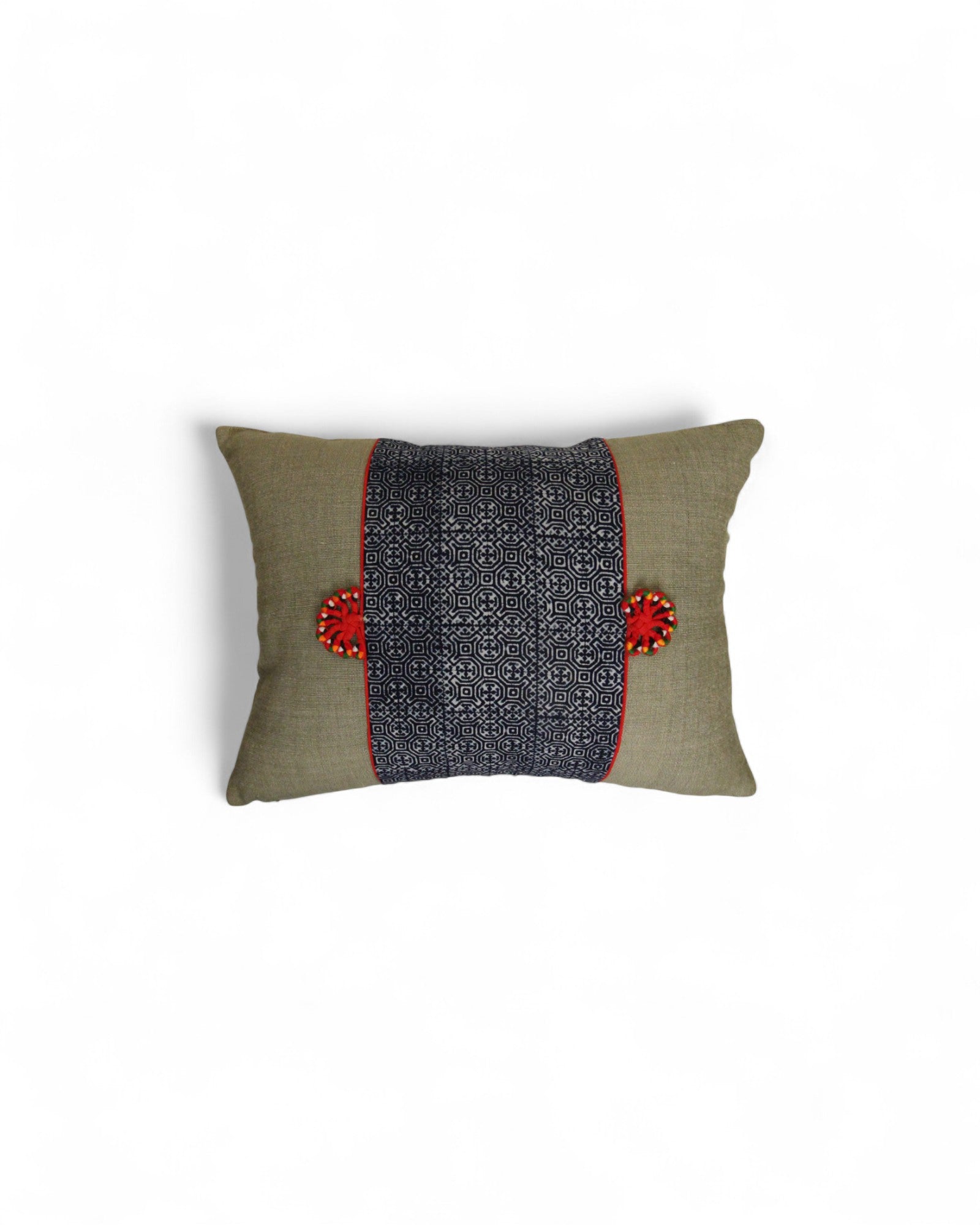 Lumbar Cushion Feat. Indigo Wax Print, Red Embroidered "Flowers" - Green