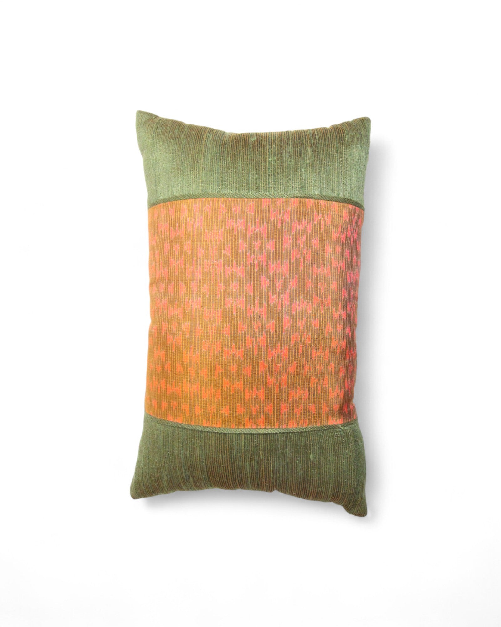 Lumbar Cushion in Handwoven Silk & Mudmee Silk Centre - Olive Green & Orange