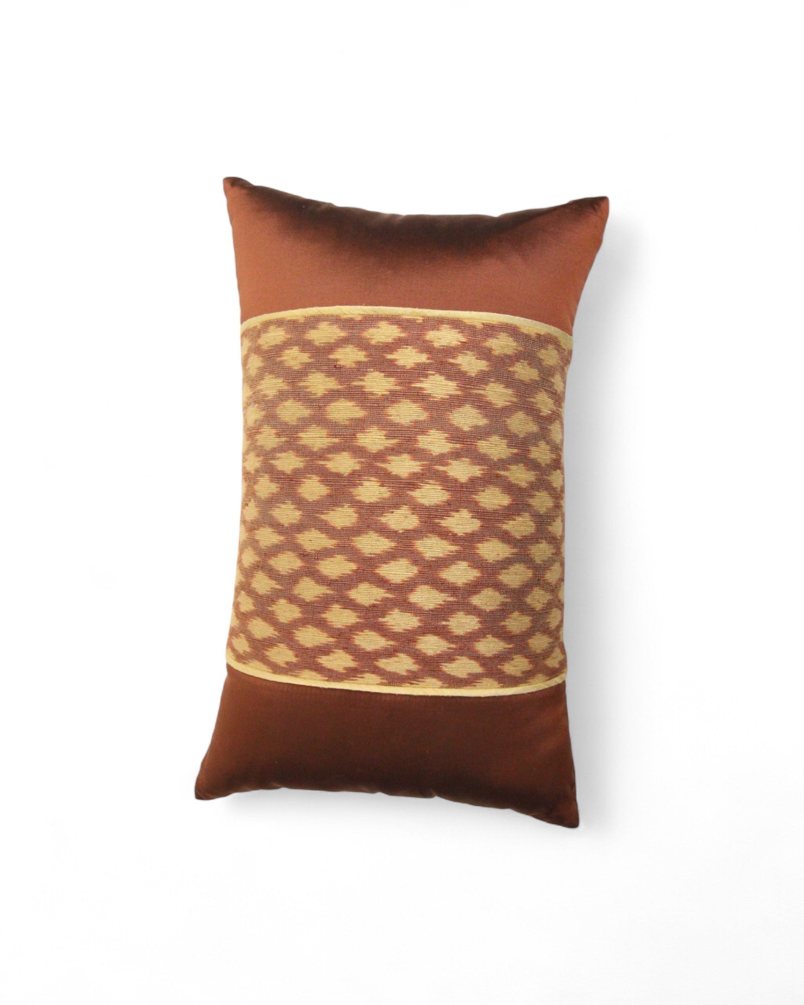Lumbar Cushion in Handwoven Silk & Mudmee Silk Centre - Chocolate Brown, Green Lining