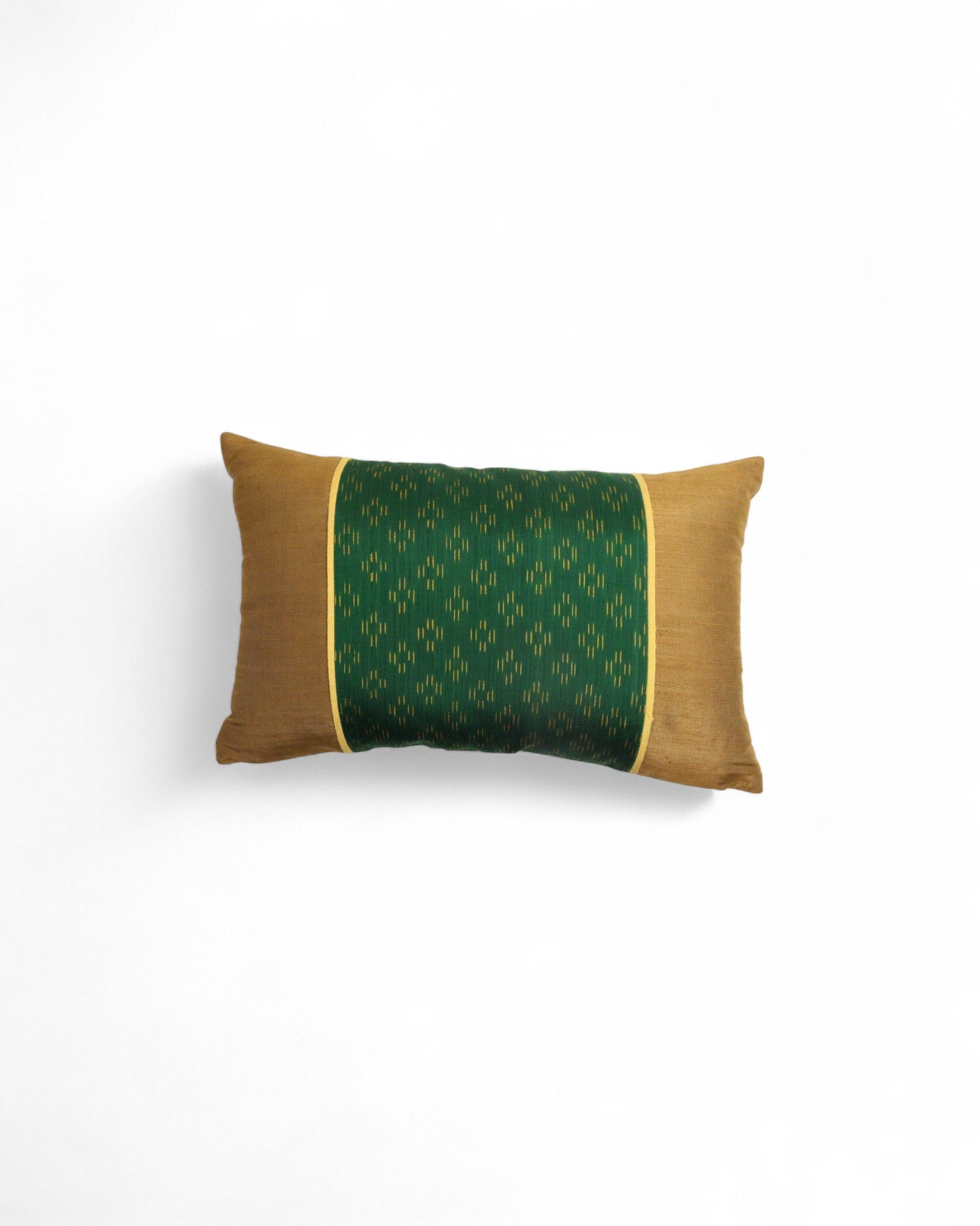 Lumbar Cushion in Handwoven Silk & Mudmee Silk Centre - Bronze & Green