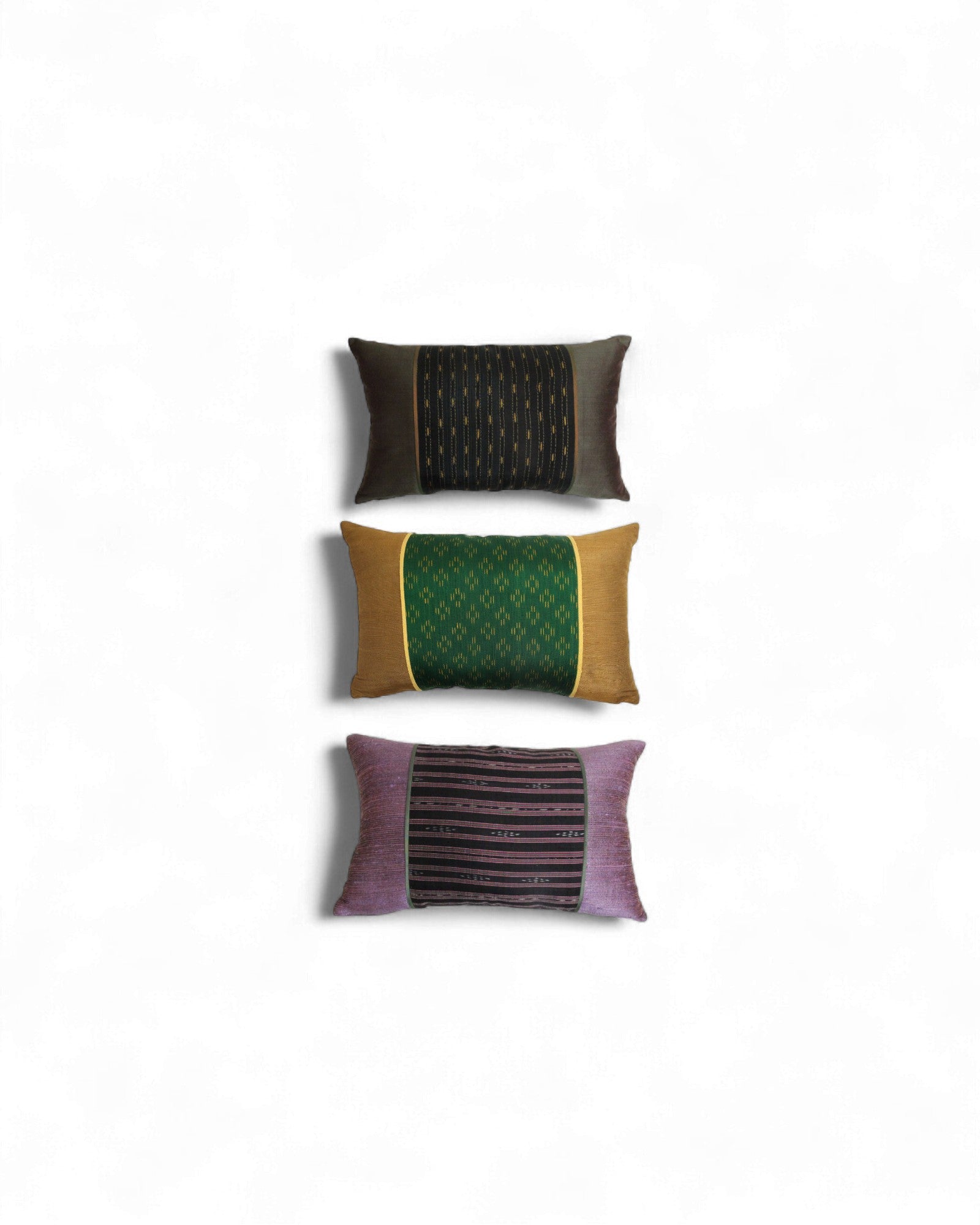 Rectangular Thai Textile Cushions – Indigo, Black Silk, and Sunset Orange - Set of 3