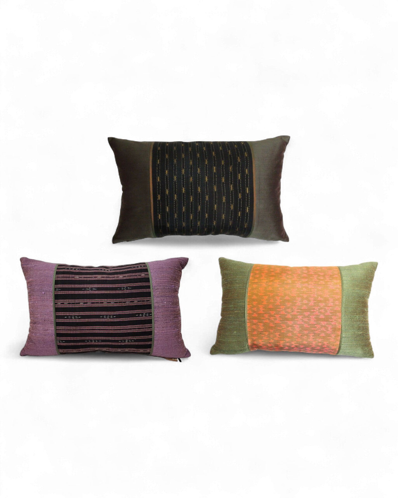 Rectangular Thai Textile Cushions – Indigo, Black Silk, and Sunset Orange - Set of 3