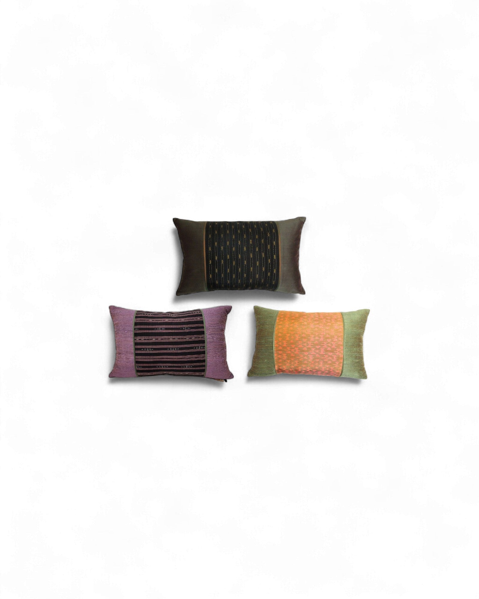 Rectangular Thai Textile Cushions – Indigo, Black Silk, and Sunset Orange - Set of 3