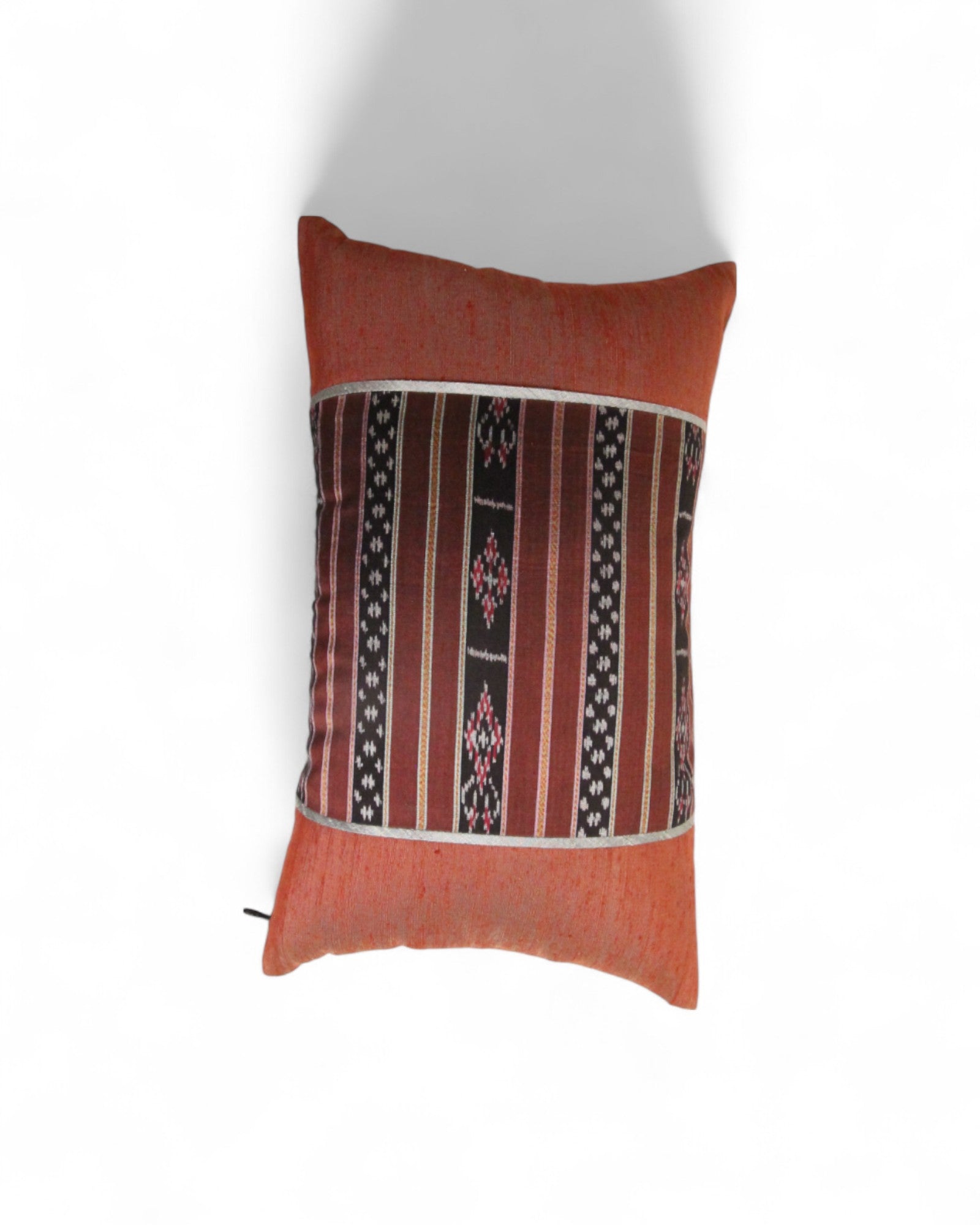 Lumbar Cushion in Handwoven Silk & Mudmee Silk Centre - Terracotta