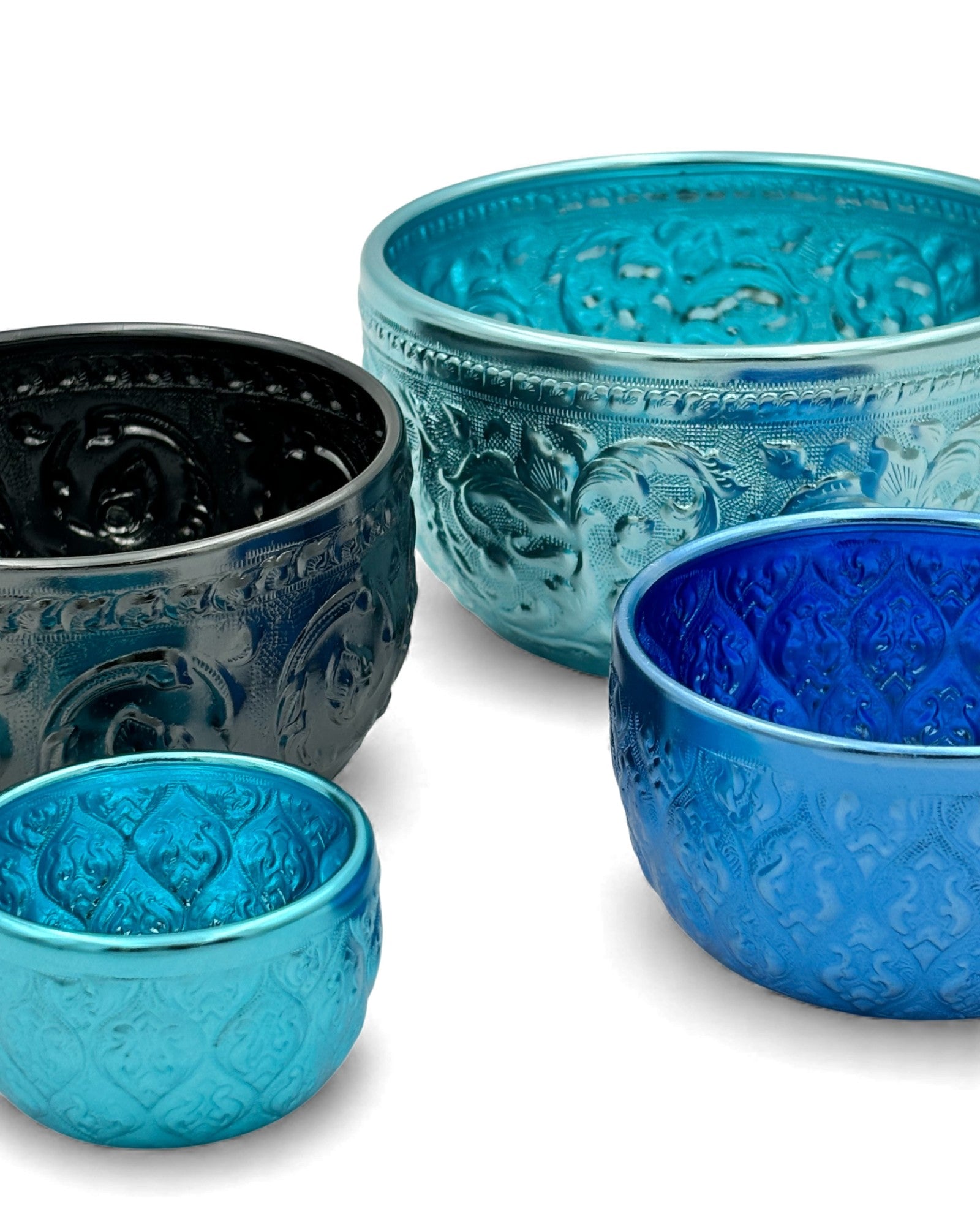 Thai Shades of Blue Embossed Aluminium Nesting Bowls - Set of 4